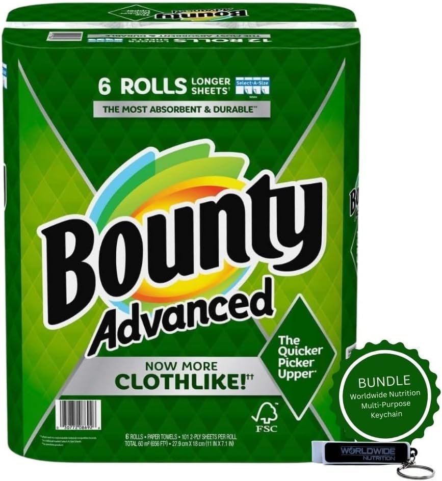 Bounty Advanced 2-Ply Paper Towel 6 Rolls - Select-A-Size - Absorbent - Durable - Longer Sheets - Clothlike -  with Multi-Purpose Keychain