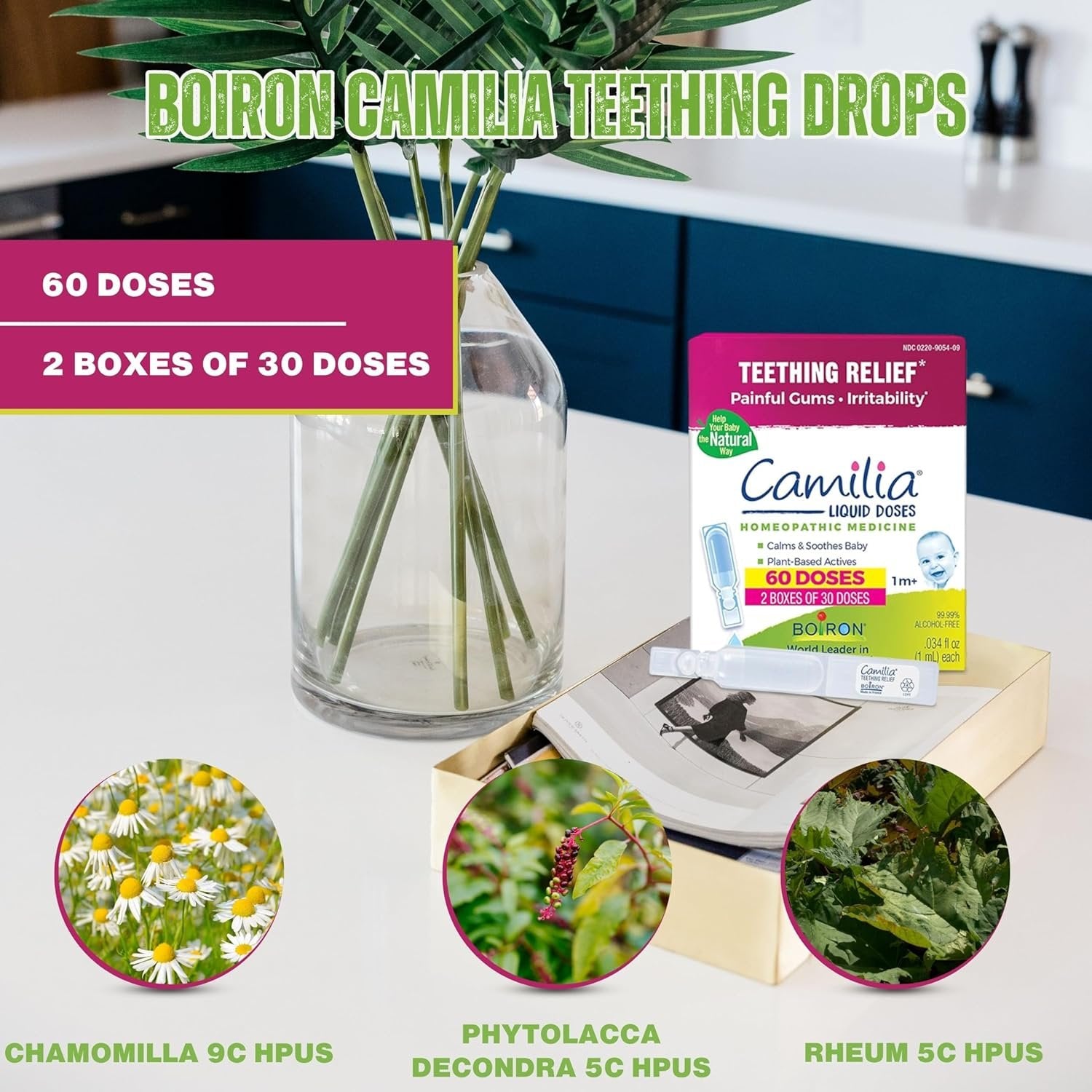 Boiron Camilia Liquid Doses - Homeopathic Medicine (1m+) - Teething Relief - Painful Gums - Irritability - 60 Count - Pack of 2 - with Multi-Purpose Keychain