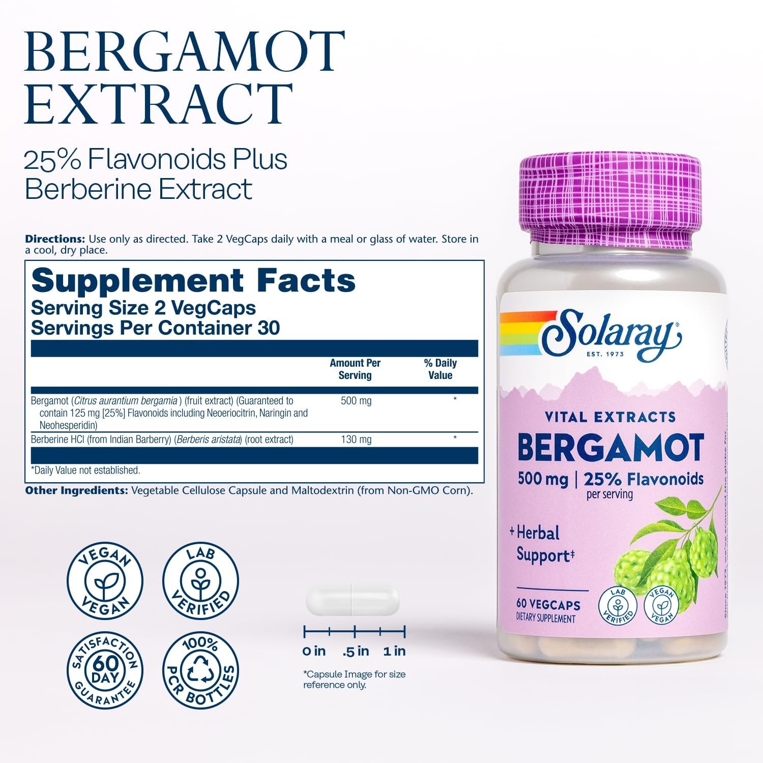 Solaray Bergamot Advanced Formula, Cardiovascular Support Fruit Extract, Veg Cap (Btl-Plastic) 500mg, 60ct