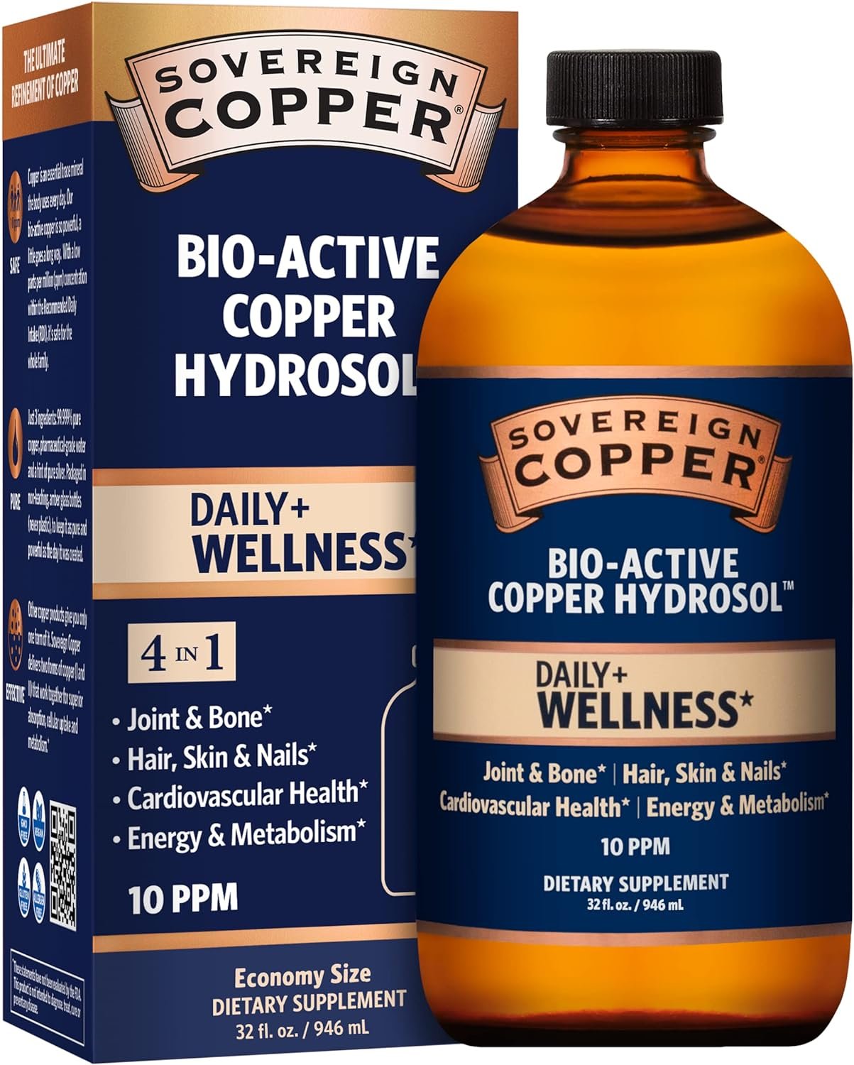 Sovereign Copper Bio-Active Copper Hydrosol, Daily+ 4-in-1 Wellness Supplement for Joint and Bone*, Hair, Skin and Nails*, Cardiovascular Health* and Energy and Metabolism Support*, 16oz