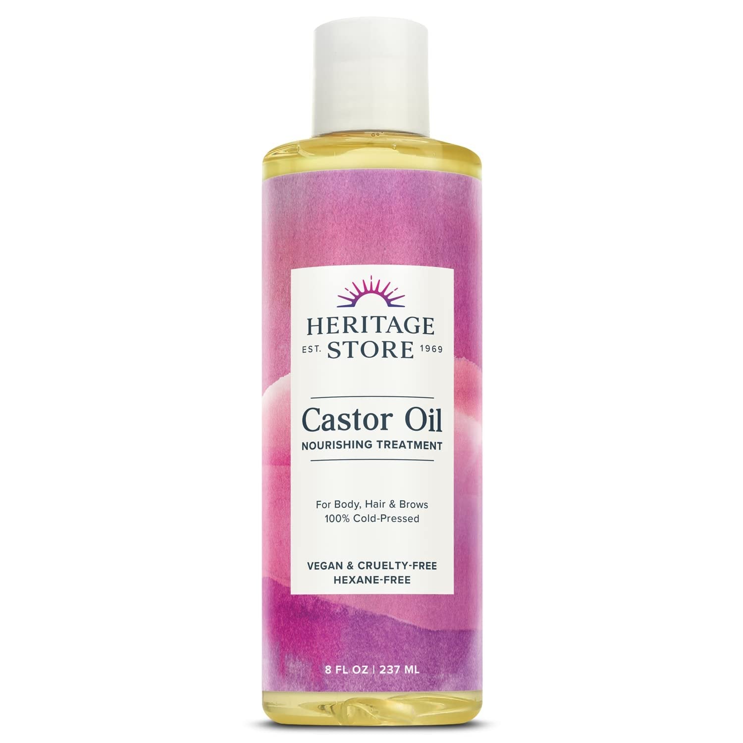 HERITAGE STORE Castor Oil, Nourishing Treatment, Cold Pressed, Rich Hydration for Vibrant Hair & Skin, Bold Lashes & Brows, No Hexane (8 Fl Oz)