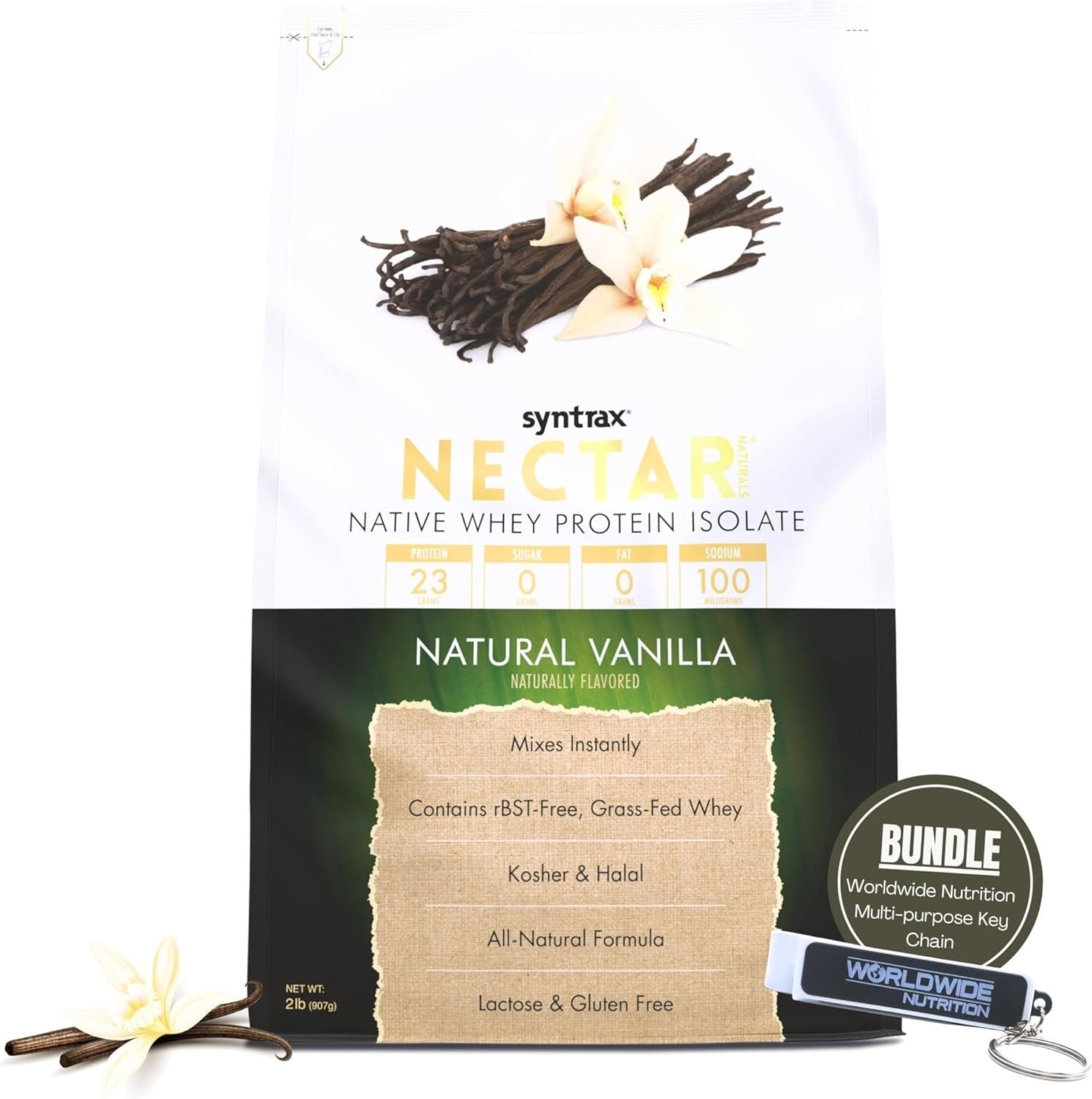 Syntrax Bundle: Nectar Naturals, Natural Vanilla Whey Protein Powder - Lactose and Gluten-Free - 2 Pounds Nectar Whey Isolate Protein Powder and Worldwide Nutrition Keychain