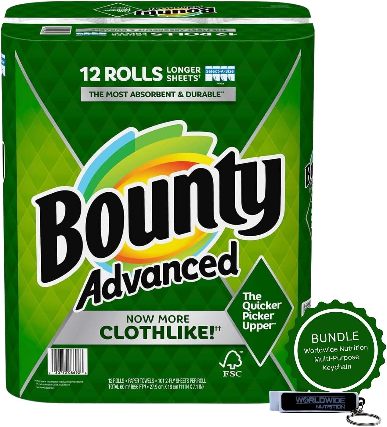 Bounty Advanced 2-Ply Paper Towel 12 Rolls - Absorbent, Durable, Longer Sheets, Clothlike - with Multi-Purpose Keychain