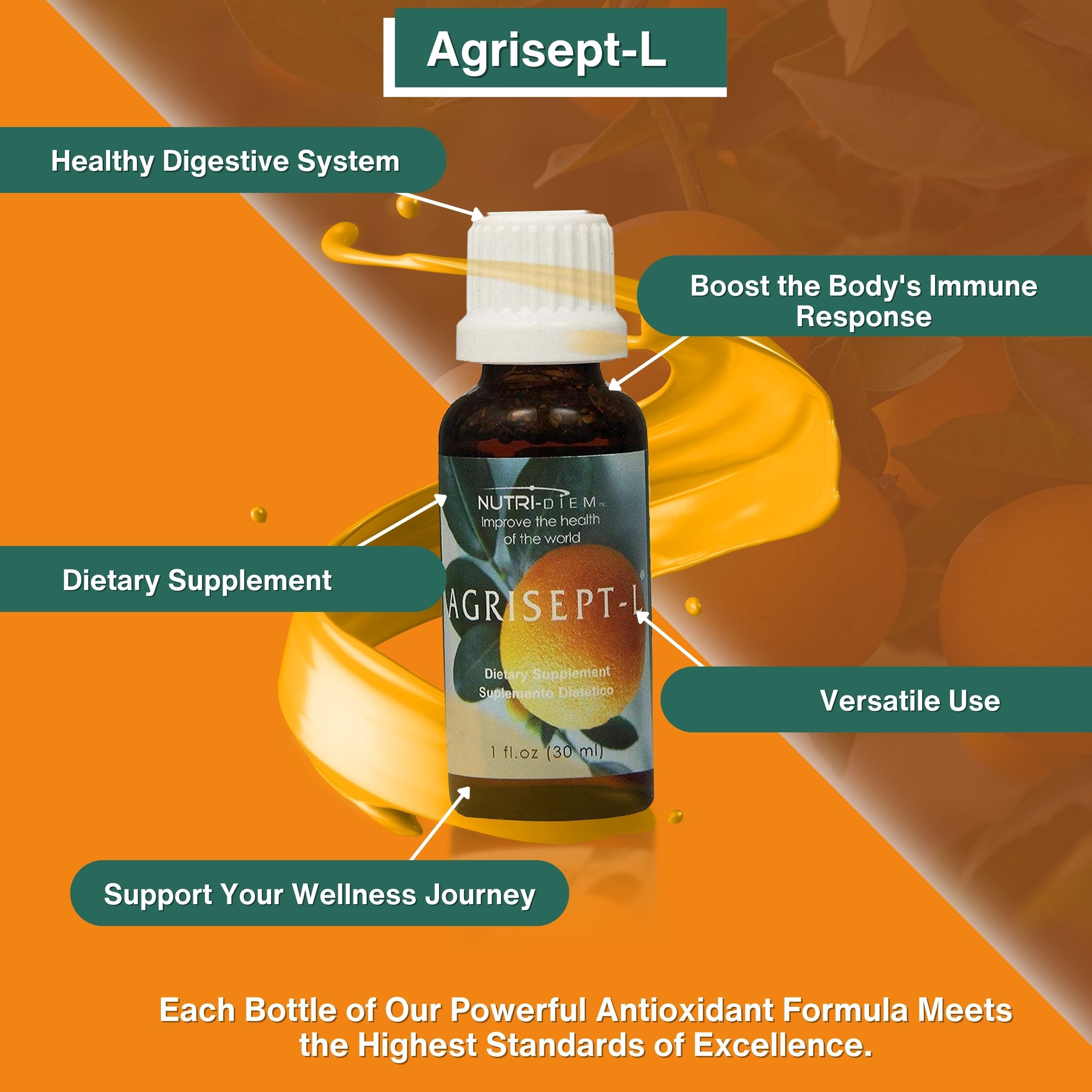 Nutri-Diem Agrisept - L Antioxidant Liquid Drops - Immune Support - Digestive Health - 30ml (1 oz) Bottle with Multi-Purpose Key Chain