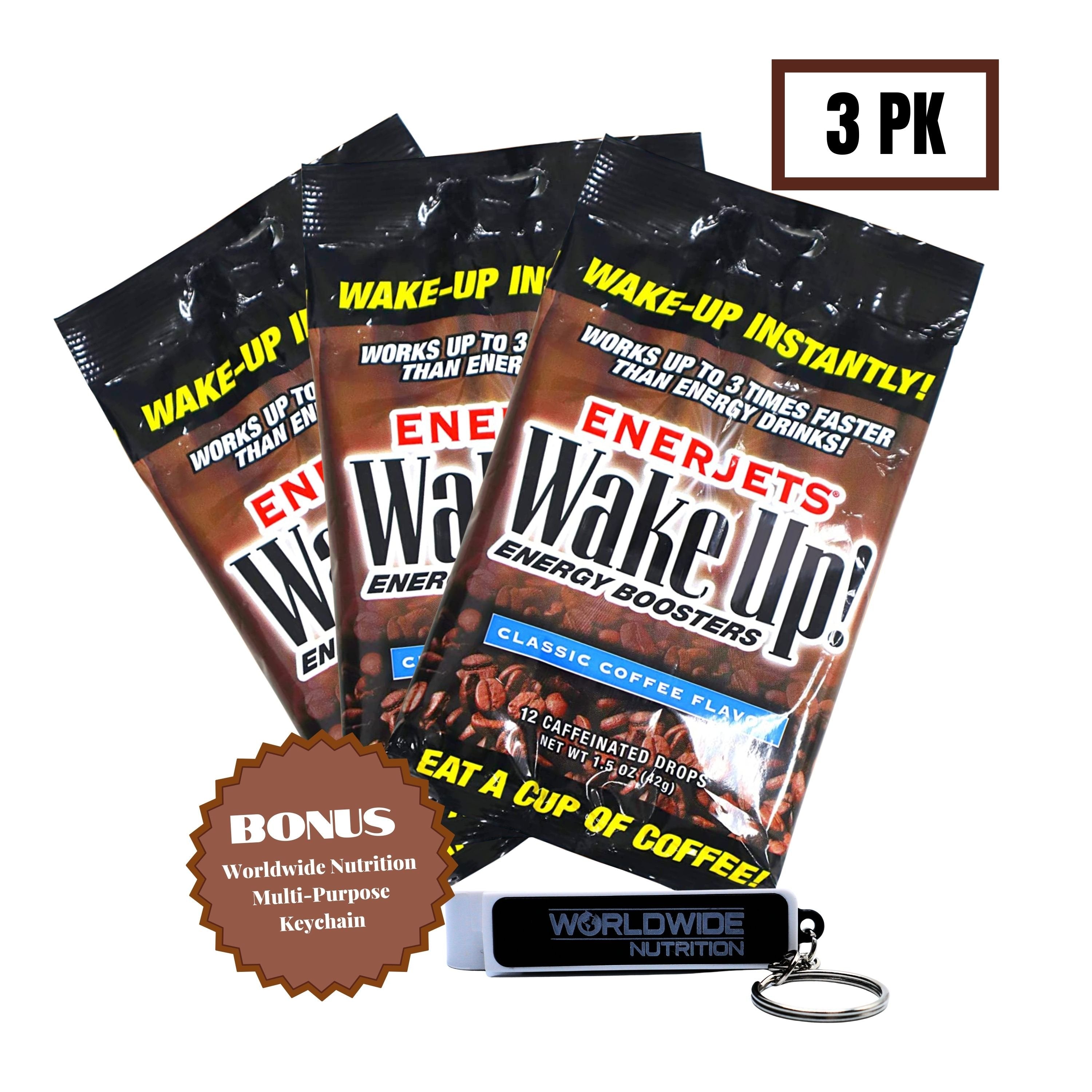 Enerjets Wake Up Energy Booster Caffeinated Drops, 1.5 oz - Classic Coffee Candy Flavor - 3 Packs (12 Drops Per Pack) with Keychain