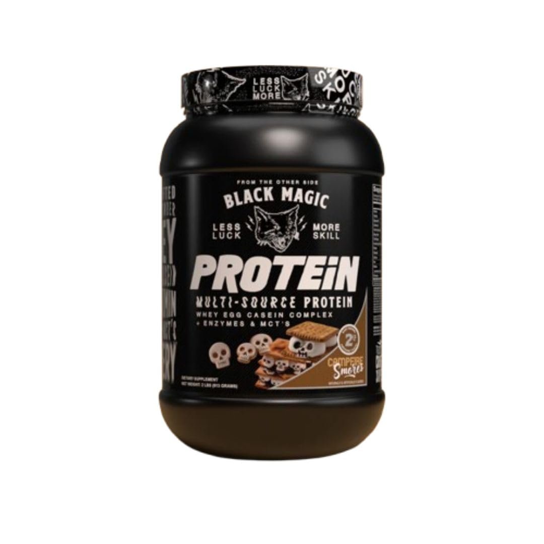 Black Magic Supply Protein Powder - Multi-Source Protein Whey, Egg & Casein Complex with Enzymes & MCT- 2LB Campfire Smores Flavor with Multi-Purpose Keychain