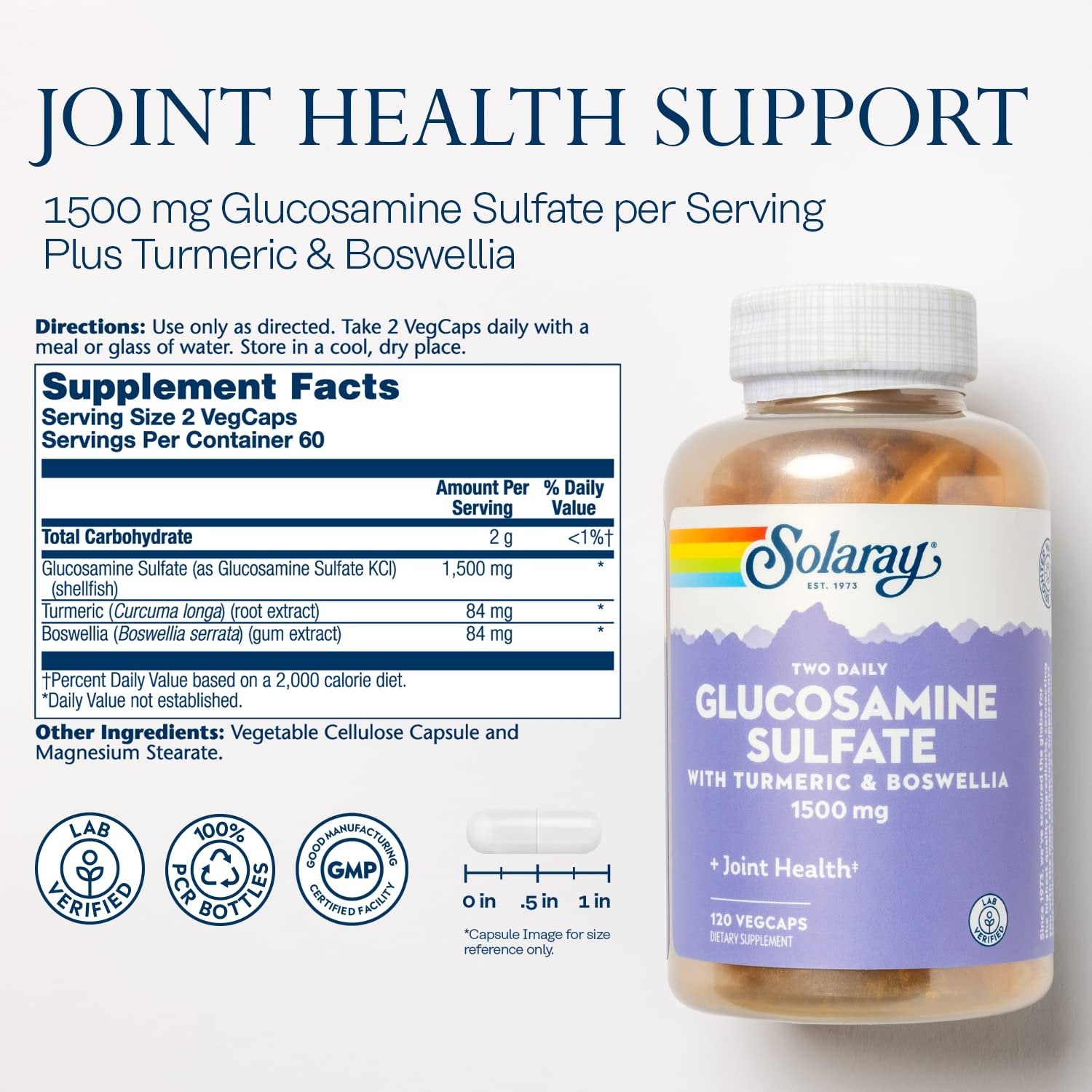 SOLARAY Glucosamine Sulfate 1500mg, Healthy Joint Support Supplement, Powerful Connective Tissue and Joint Health Formula with Turmeric & Boswellia, 60-Day Money Back Guarantee, 60 Serv, 120 VegCaps