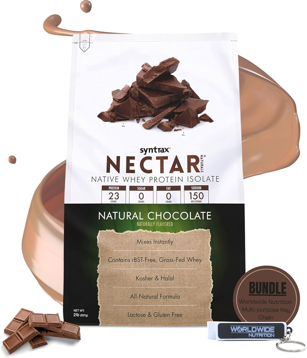 Syntrax Nectar Native Whey Protein Isolate (2lb Bag) - Muscle Support - with Multi-Purpose Keychain