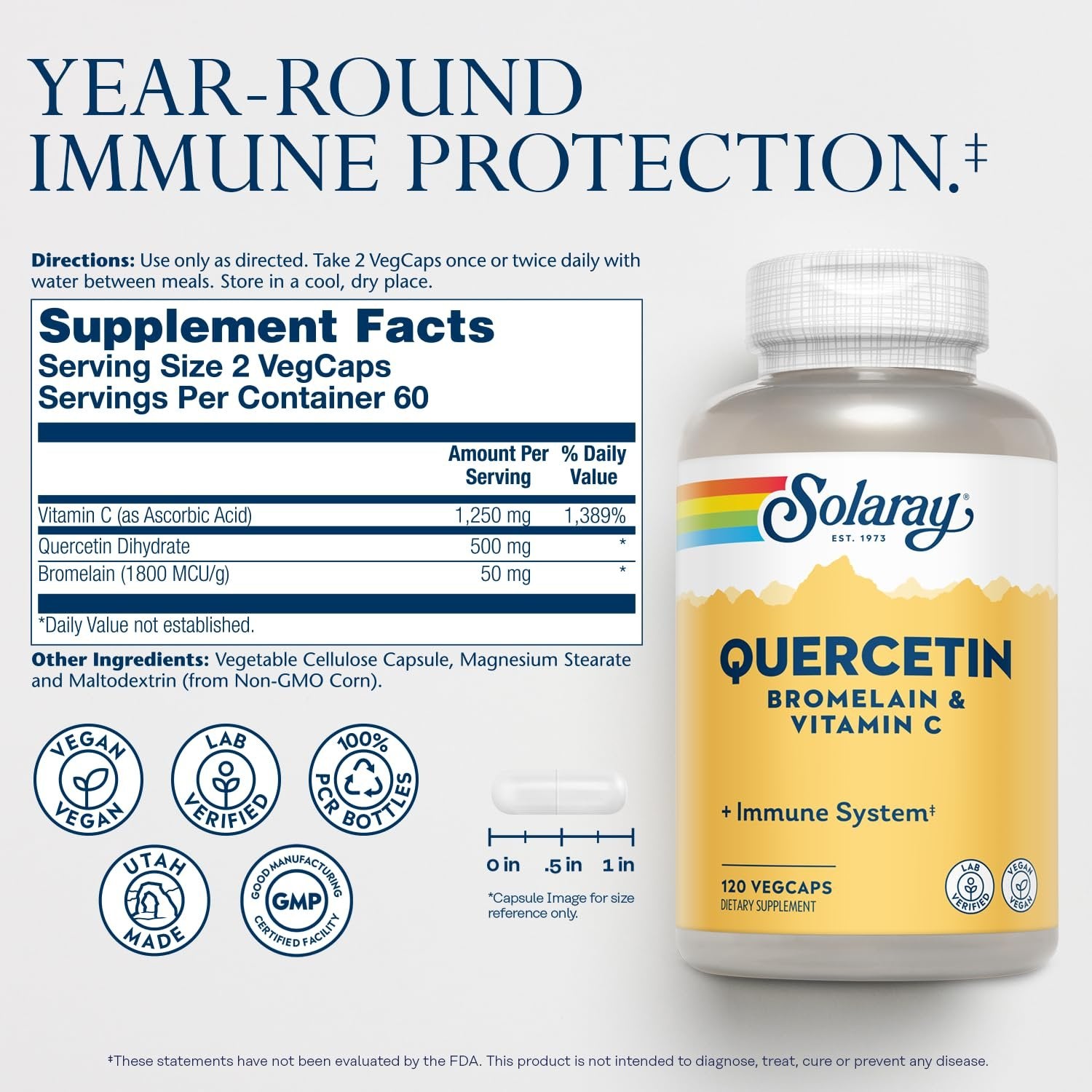 SOLARAY Quercetin with Bromelain and Vitamin C - Immune Support Supplement - Antioxidant and Heart Health Complex with Quercetin 500mg and 1235mg VIT C - Vegan, 60-Day Guarantee, 60 Serv, 120 VegCaps