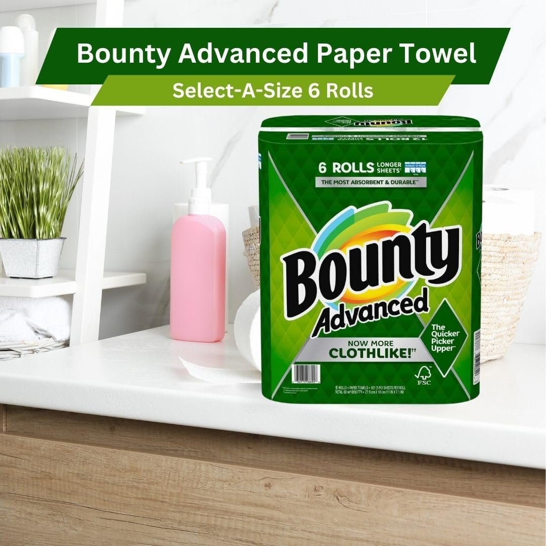 Bounty Advanced 2-Ply Paper Towel 6 Rolls - Select-A-Size - Absorbent - Durable - Longer Sheets - Clothlike -  with Multi-Purpose Keychain