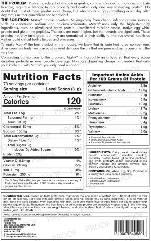 Syntrax Matrix - Sustained - Release Protein Blend Powder - Undenatured Micellar Casein, Whey Protein & Egg White Protein, Kosher & Halal - Perfect Chocolate - 5.0 lbs