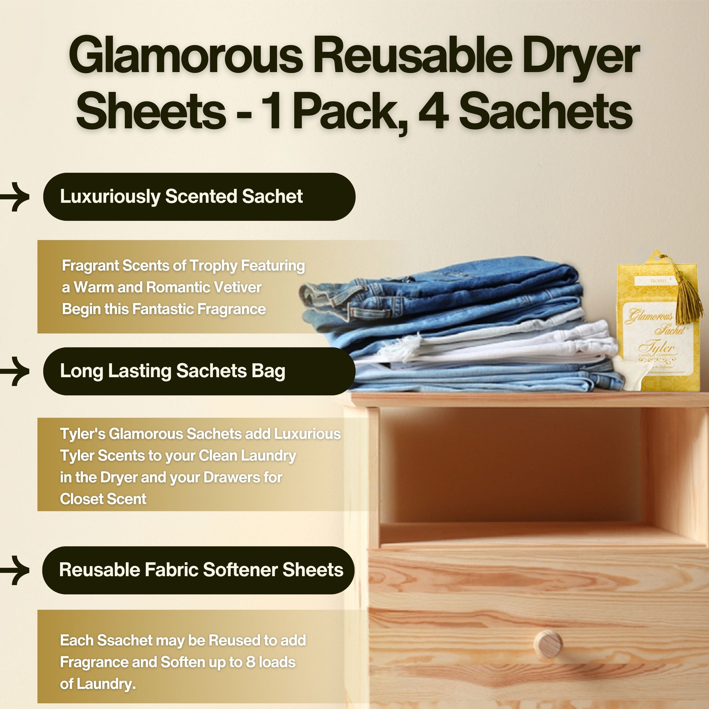 Tyler Candle Company Reusable Glamorous Dryer Sheets - Trophy- 4 Sachets in 1 Pack - with Multi-Purpose Key Chain