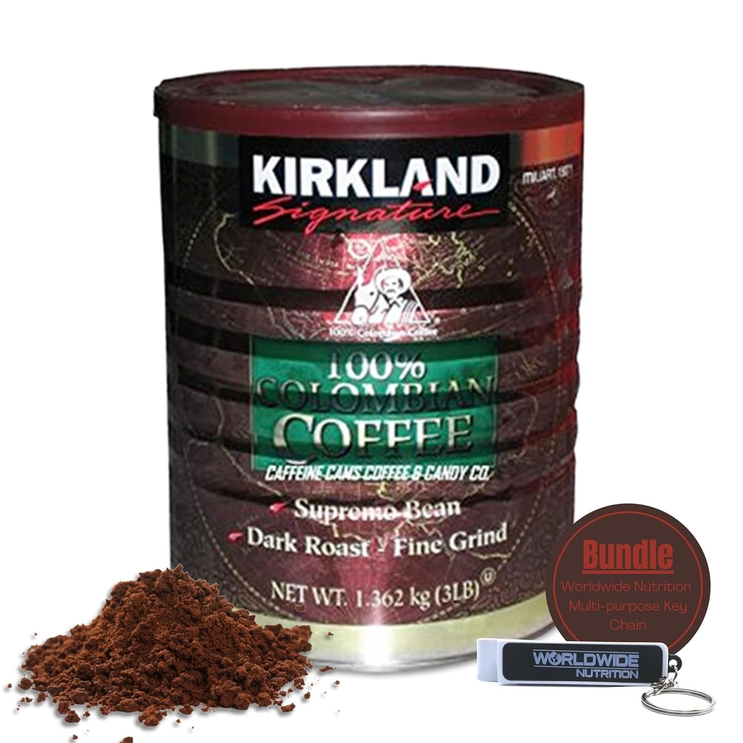 Worldwide Nutrition Bundle, 2 Items: Kirkland Signature 100% Colombian Supremo Coffee - Dark Roast, Ground Columbian Coffee, Cafe Kirkland - 3 LB Ground Coffee and Multi-Purpose Key Chain