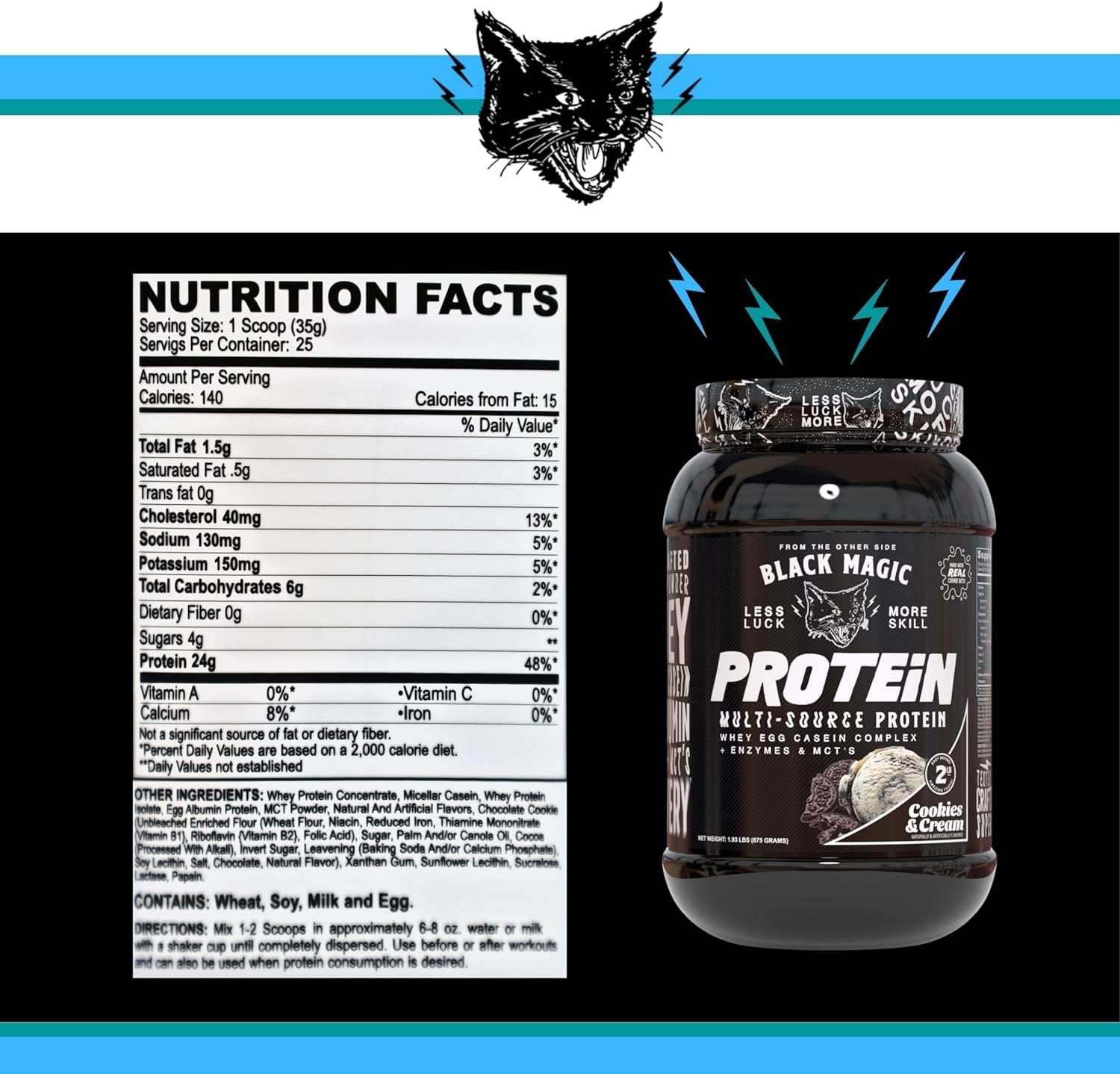 Black Magic Multi-Source Protein - Whey, Egg, and Casein Complex with Enzymes & MCT Powder - Pre Workout and Post Workout - Honey Grahms Protein Powder - 24g Protein - 2 LB with Bonus Key Chain