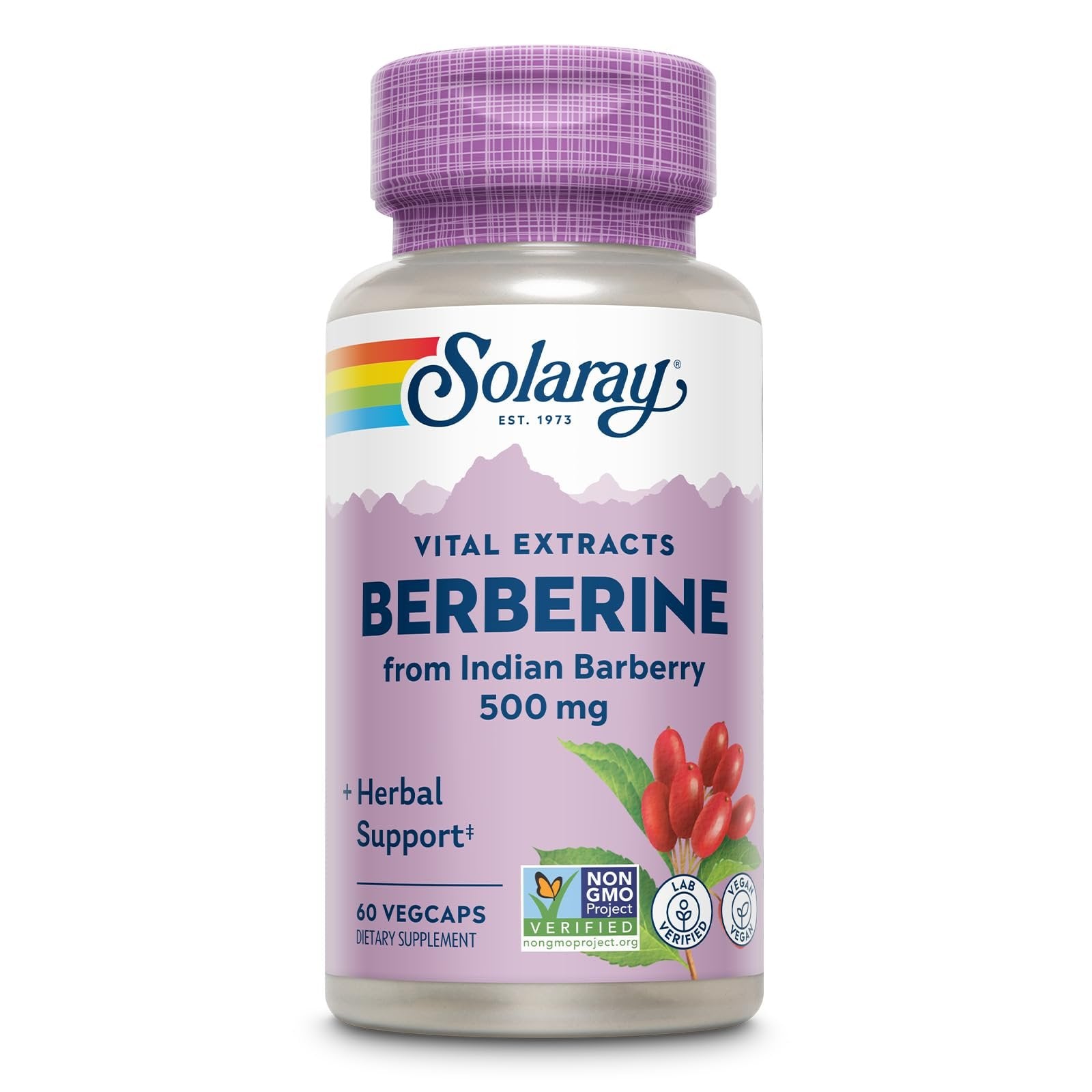 SOLARAY Berberine 500mg - Berberine Supplement for a Healthy, Active Lifestyle - with Berberine HCl from Indian Barberry - Vegan, Non-GMO, 60-Day Guarantee, Lab Verified - 60 Servings, 60 VegCaps