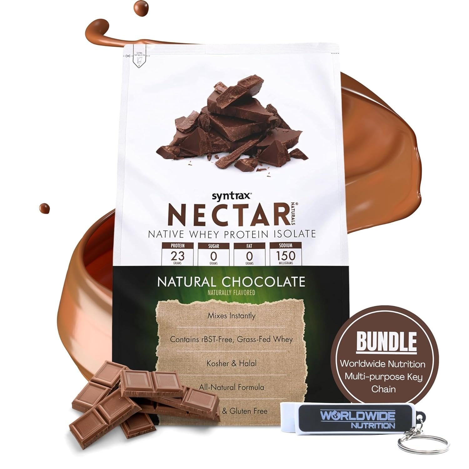 Natural Chocolate Syntrax Nectar Native Whey Protein Isolate (2lb Bag) Natural Vanilla - Muscle Support - with Multi-Purpose Keychain