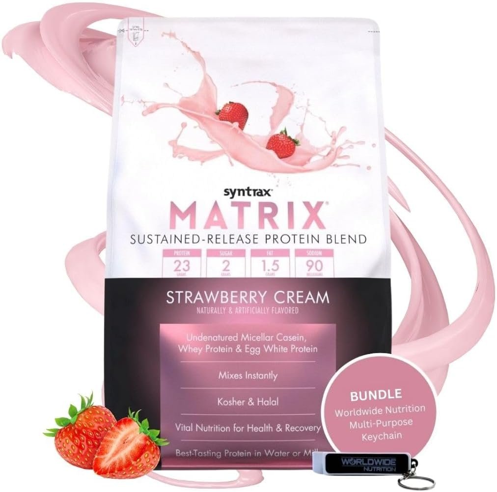 Syntrax Matrix - Sustained-Release Protein Powder Blend - Kosher & Halal - Muscle Support - Strawberry Cream - 5 lb - with  Multi-Purpose Keychain