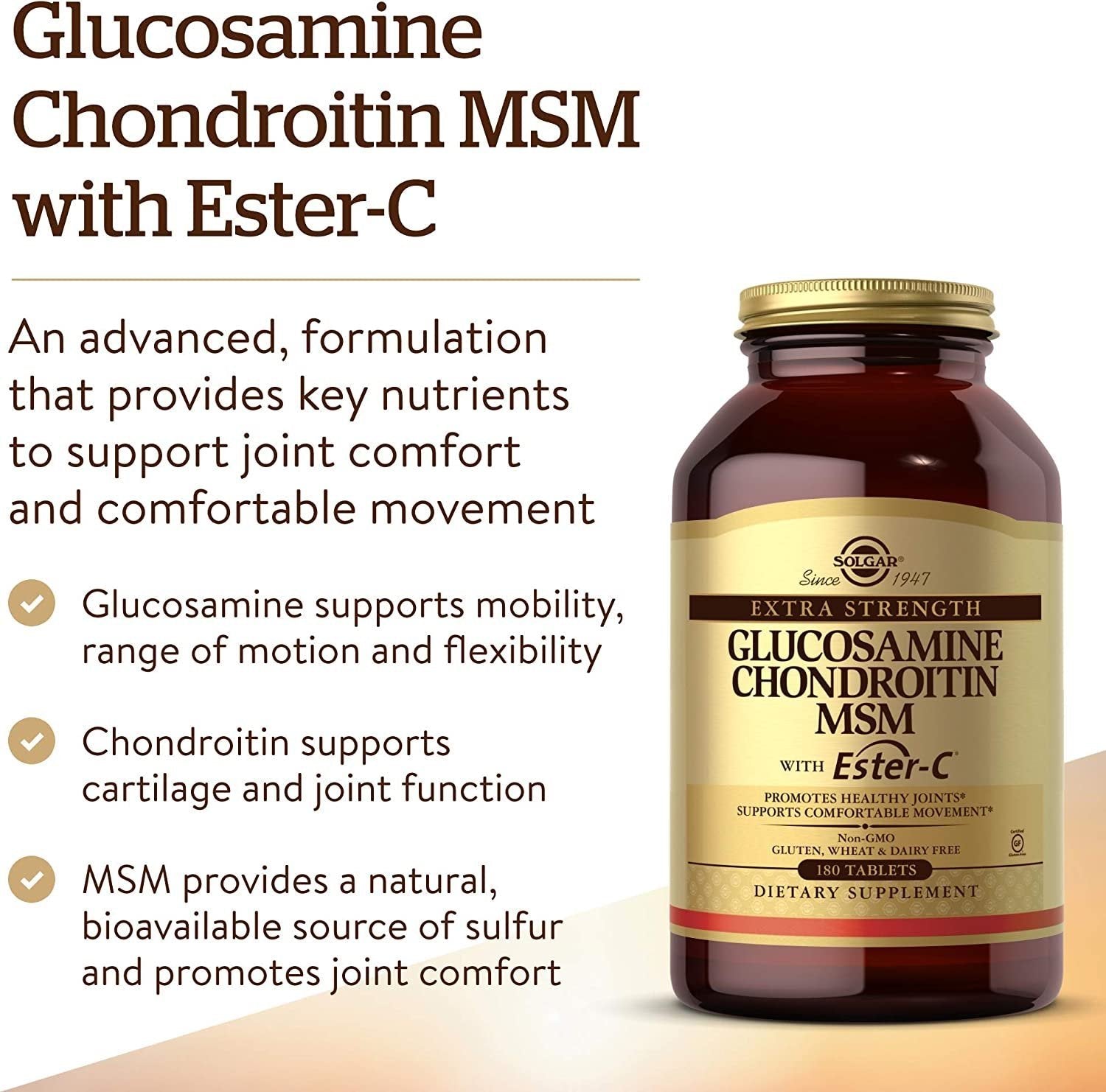 Solgar Extra Strength Glucosamine Chondroitin MSM with Ester-C - Promotes Healthy Joints - Support Comfortable Movement - 180 Tablets