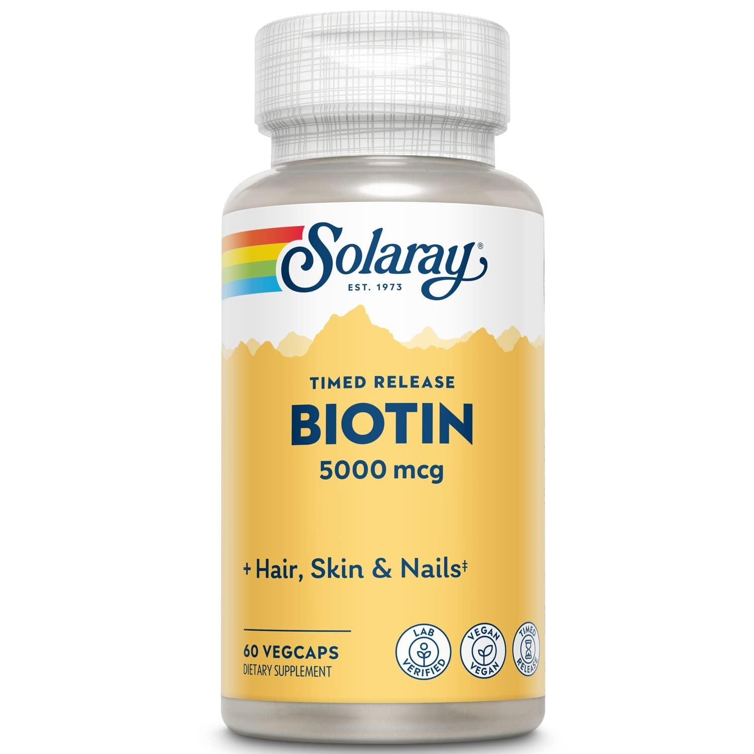 Solaray Biotin 5000 mcg | Timed Release | Fast-Acting, Long-Lasting Healthy Hair, Skin & Nails Support | 60 VegCaps