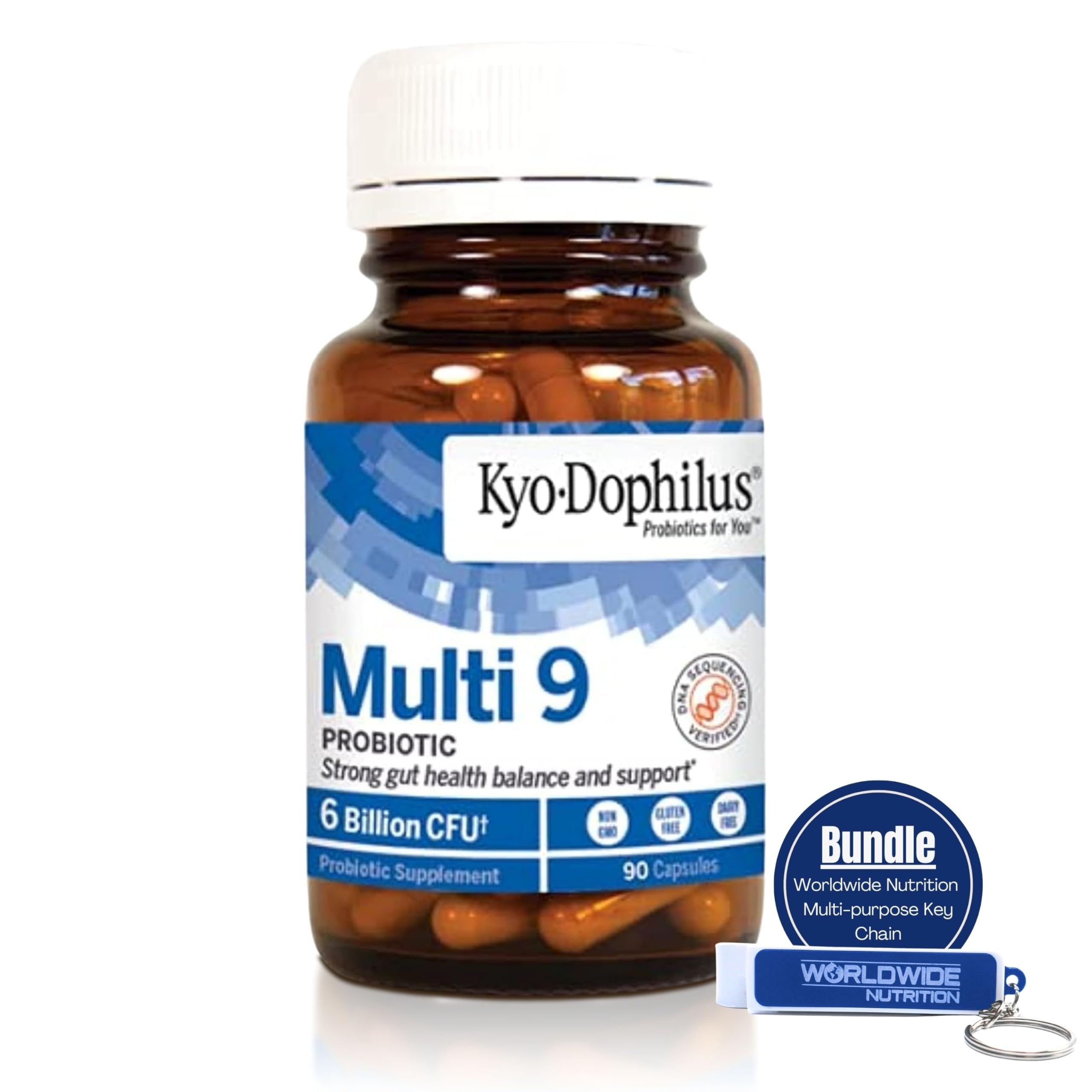 Kyolic KyoDophilus Multi 9 Probiotic, 90 Capsules- Intestinal Balance and Digestive Support - Non GMO - 1 Pack with Keychain