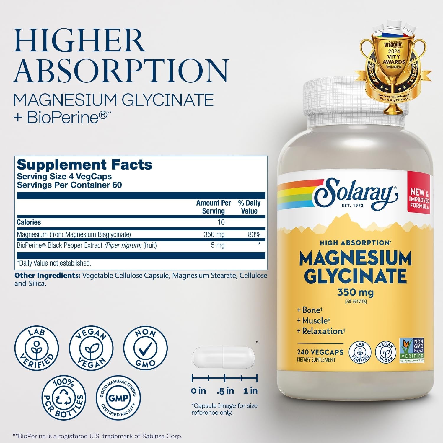 Solaray Magnesium Glycinate, New & Improved Fully Chelated Bisglycinate with BioPerine, High Absorption Formula, Stress, Bones, Muscle & Relaxation Support, 60 Day Guarantee, 60 Servings, 240 VegCaps