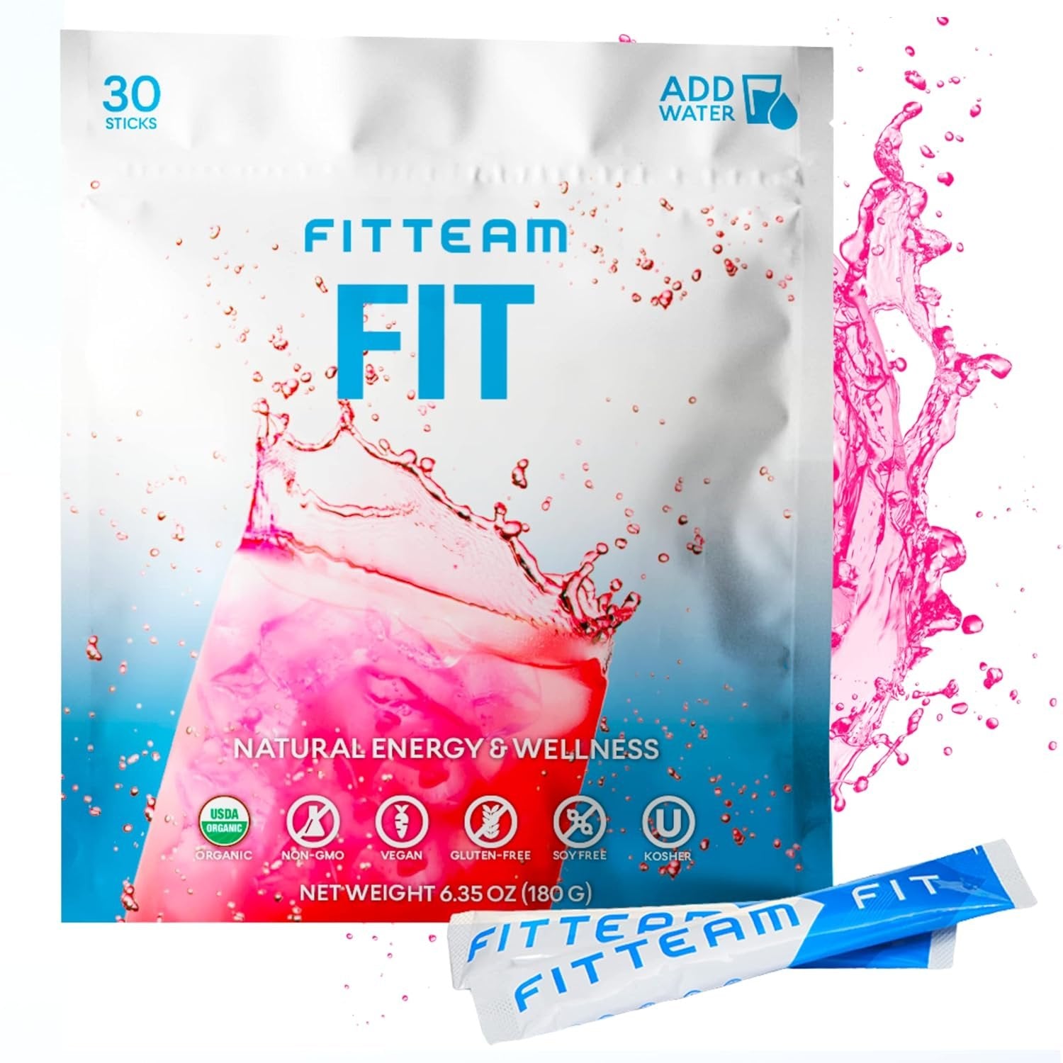 FITTEAM Fit Sticks Organic Energy and Wellness Beverage - Organic Energy Drink Mix - Mental Focus, Energy and Metabolism Boost - Mood Support and Antioxidants - 30 Individually Wrapped Stick Packs