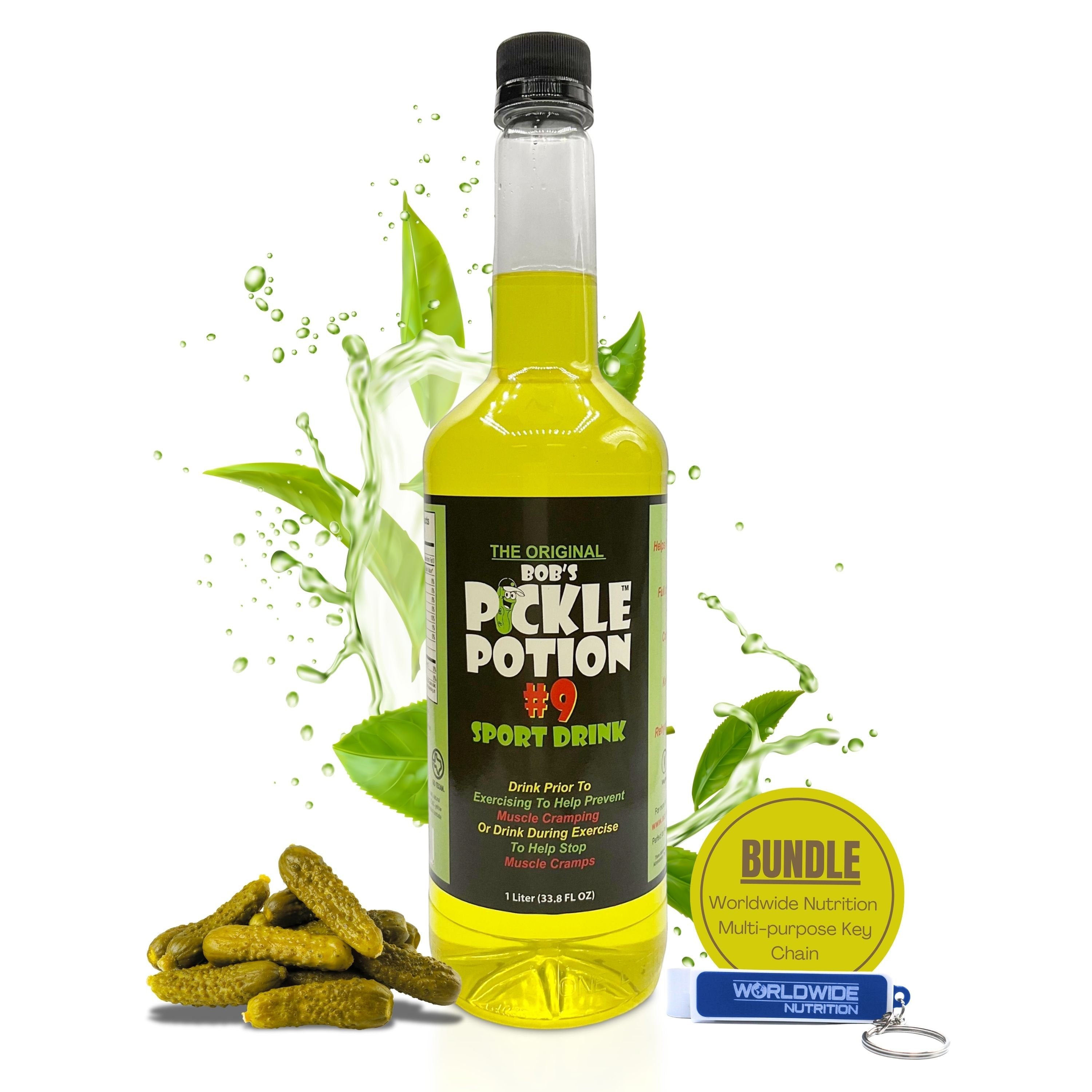 Bobs Pickle Potion #9 Sport Drink - Premium Pickle Juice for Leg Cramps, Freeze Pops, Drink Mixer, Gluten Free, Keto Friendly, Natural Electrolyte (1 Pack) 1L with Bonus Key Chain