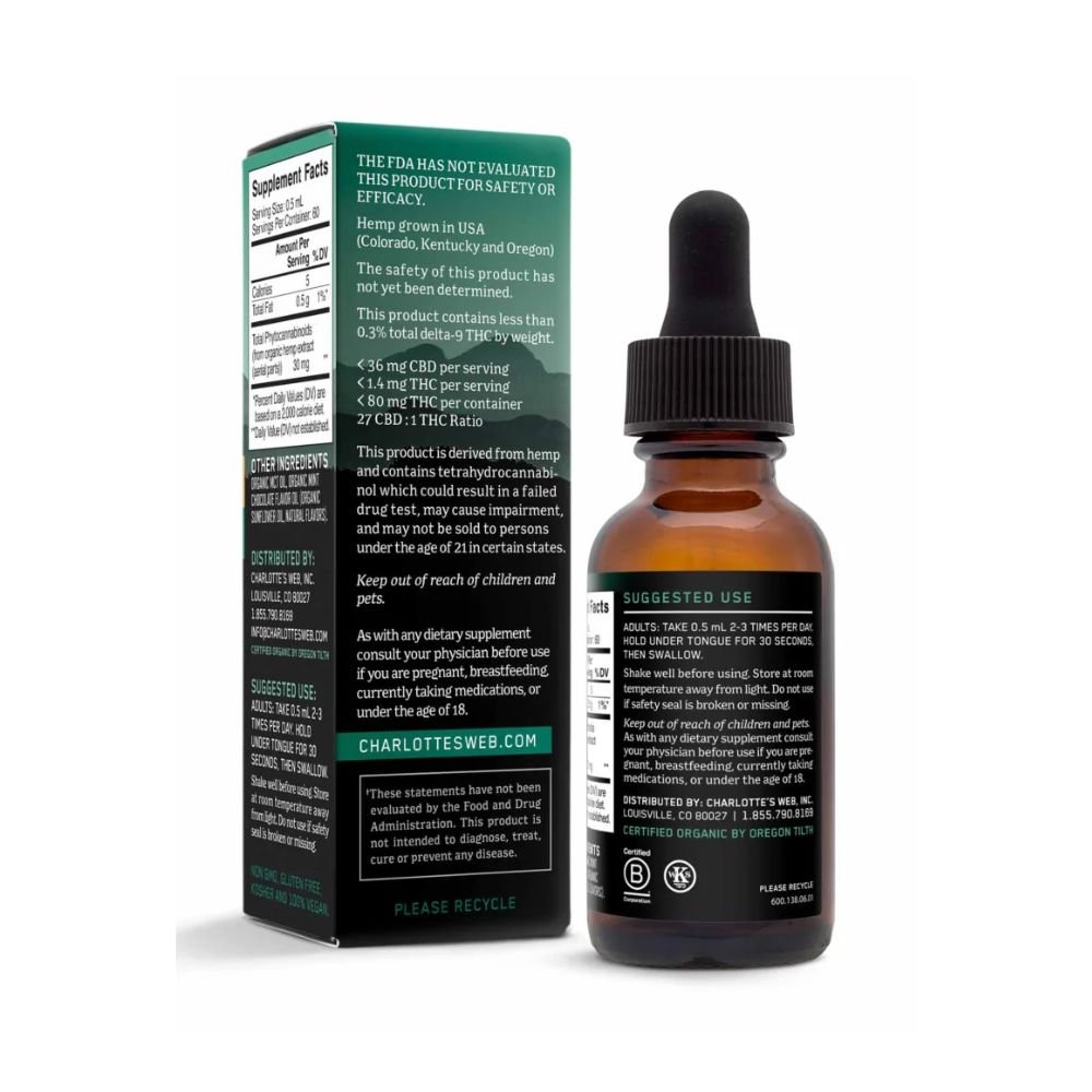 Charlotte’s Web 60 mg CBD Oil - Mint Chocolate Flavor – 1800 mg per bottle - 1 fl oz (30 ml) - Pack of 1