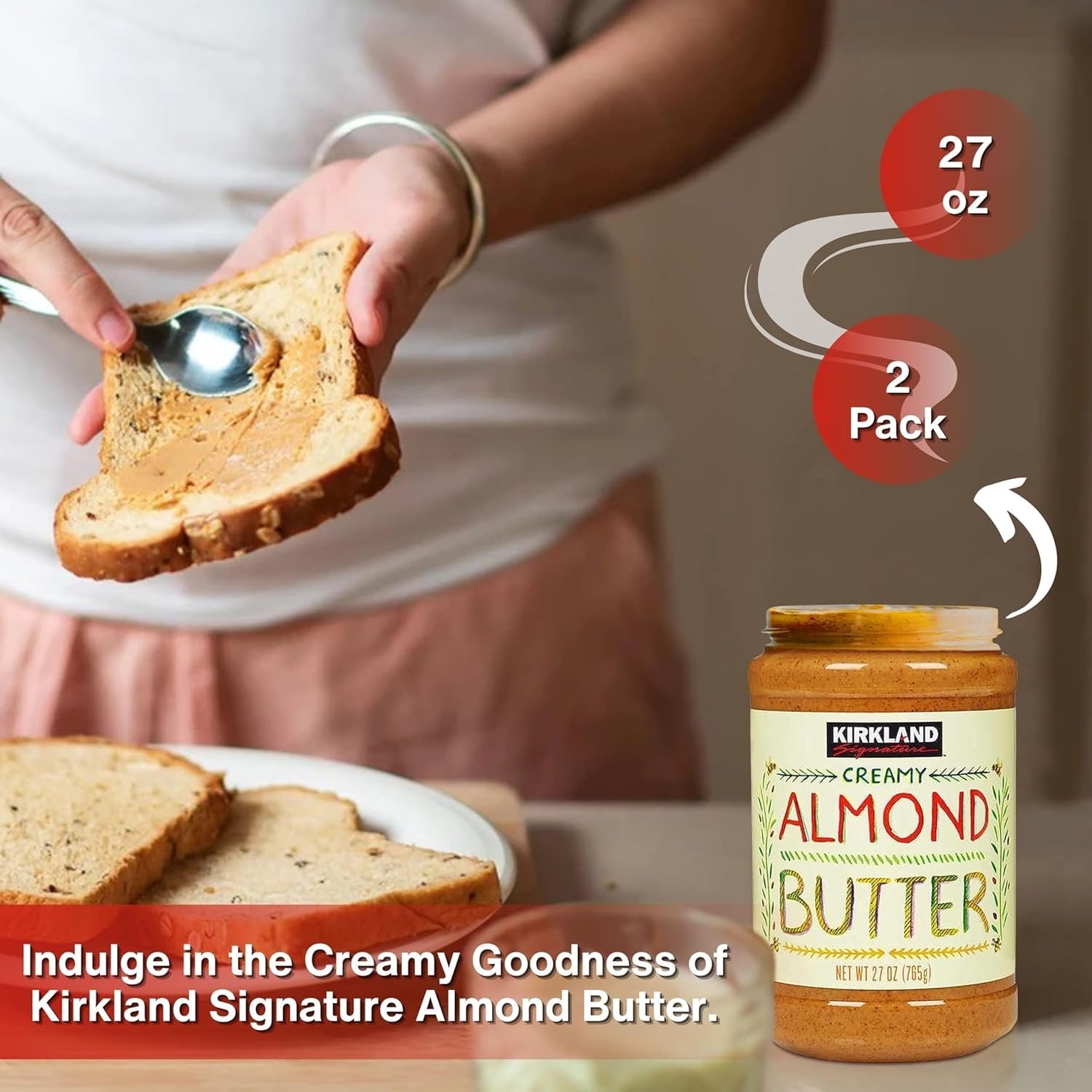 Kirkland Signature Creamy Pure Roasted Almond Butter, 27 oz (765g) - Pack of 2 with Multi-Purpose Keychain