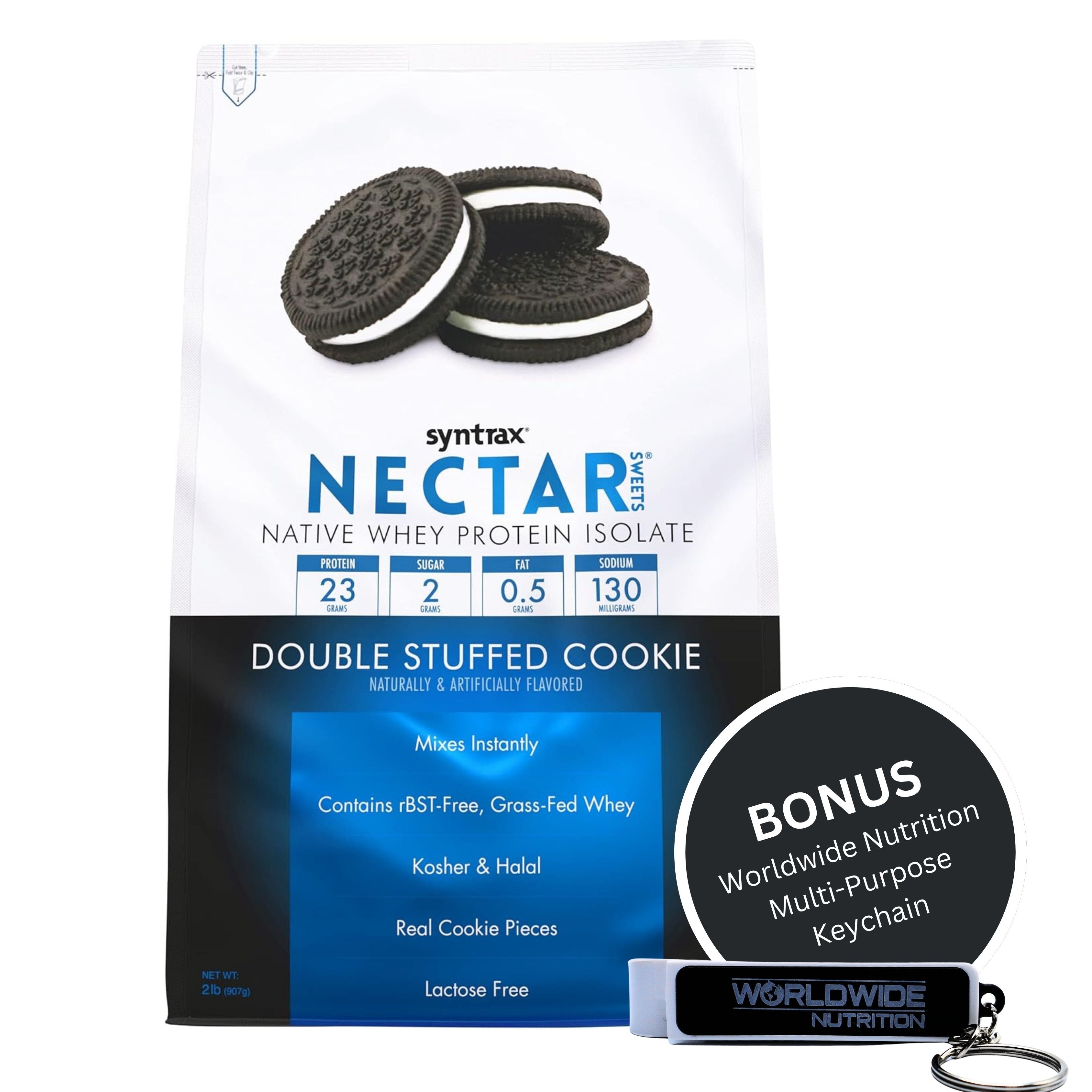 Double Stuffed Cookie Syntrax Nectar Native Whey Protein Isolate (2lb Bag) Natural Vanilla - Muscle Support - with Multi-Purpose Keychain