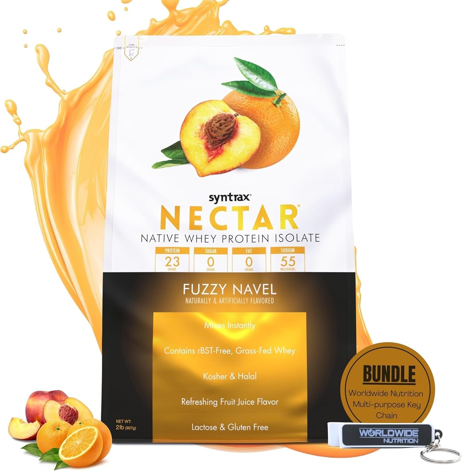 Syntrax Nectar Native Whey Protein Isolate (2lb Bag) - Muscle Support - with Multi-Purpose Keychain