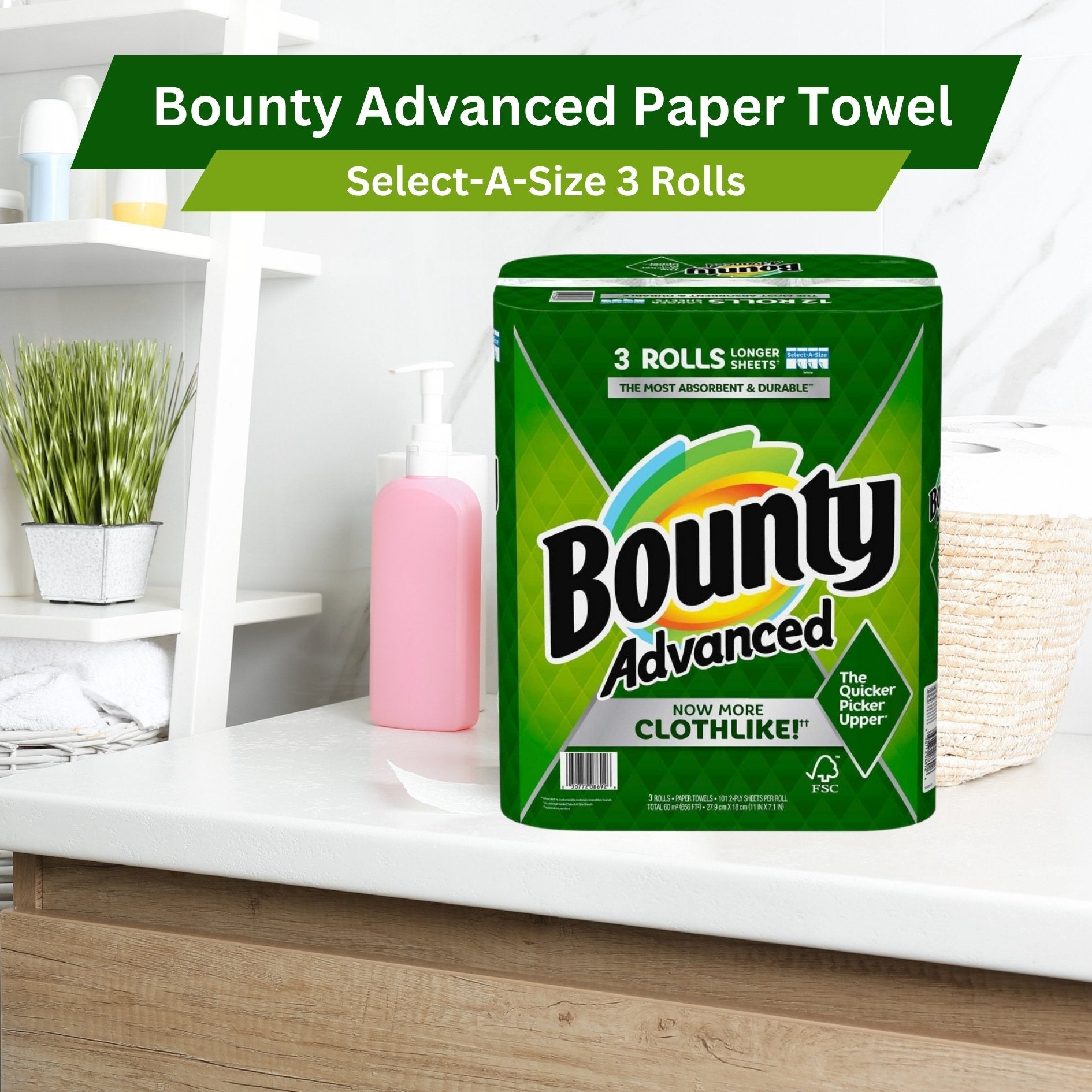 Bounty Advanced 2-Ply Paper Towel - Absorbent, Durable, and Clothlike - Select-A-Size - 3 rolls with Multi-Purpose Keychain