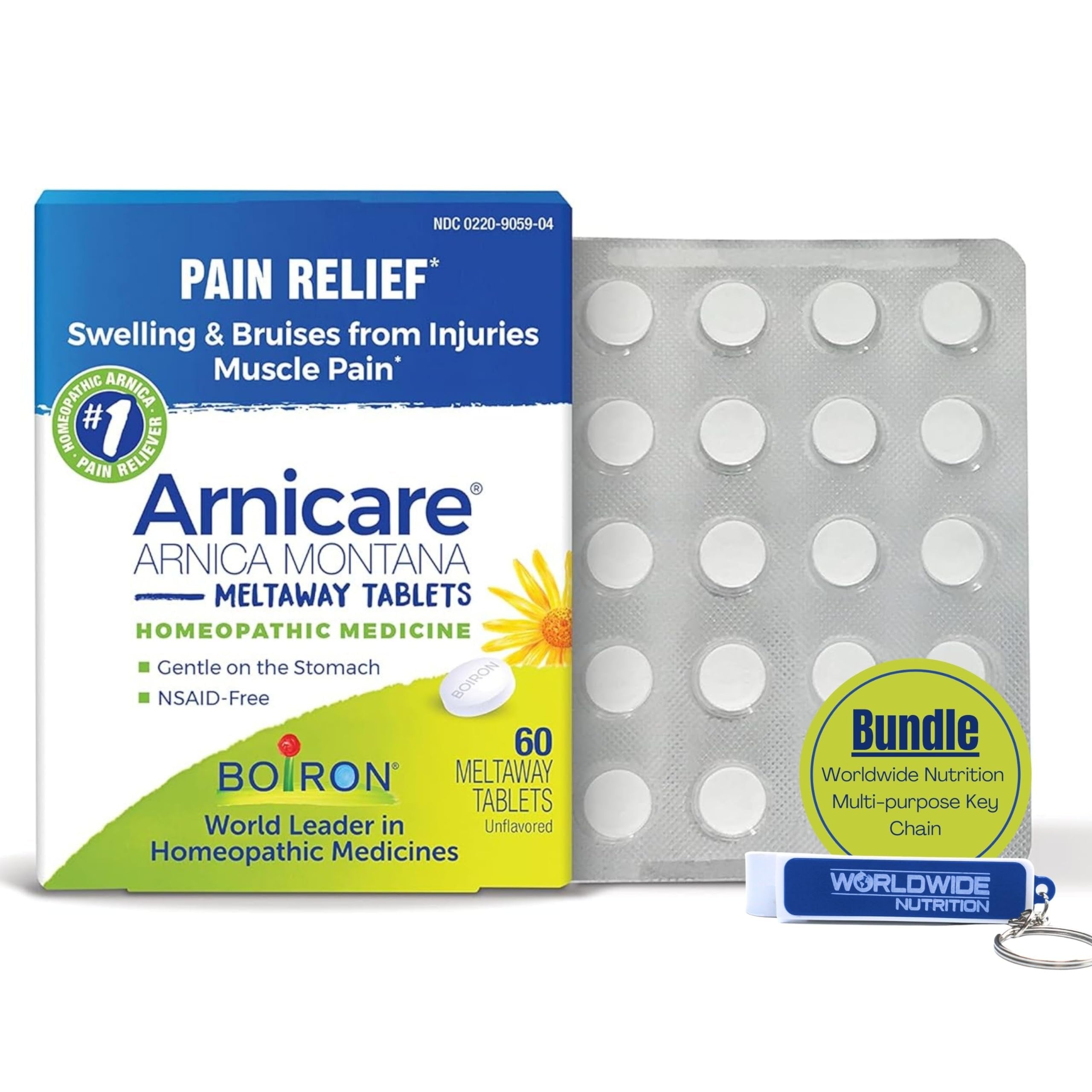 Boiron Arnicare Arnica Montana Meltaway Tablets - Swelling Reducer - Bruise Remedy - Muscle Pain Reliever - 60 Unflavored Tablets  with Multi-Purpose Keychain