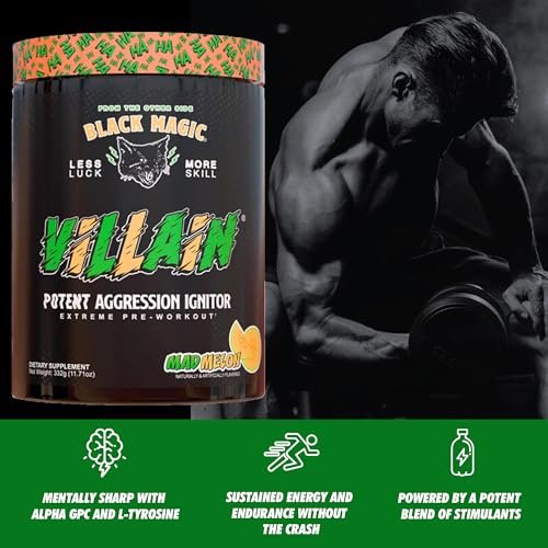 Black Magic Supply Mad Melon Villain Potent Aggression Ignitor - High-Stim Nootropic Pre Workout - Beta-Alanine, L-Tyrosine, & Caffeine - 25 Servings - 1 Pack of 11.71 oz with Multi-Purpose Keychain