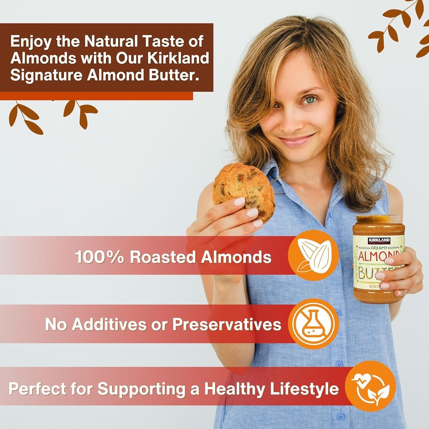 Kirkland Signature Creamy Pure Roasted Almond Butter, 27 oz (765g) - Pack of 2 with Multi-Purpose Keychain