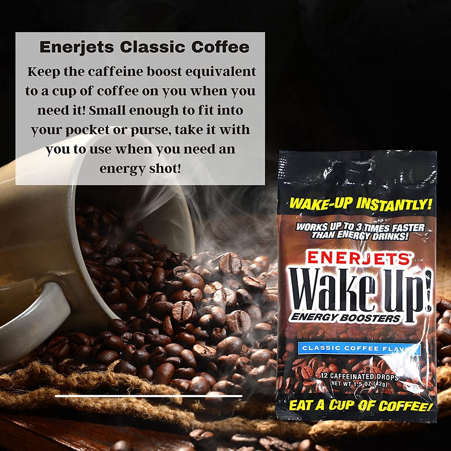 Enerjets Wake Up Energy Booster Caffeinated Drops, 1.5 oz - Classic Coffee Candy Flavor - 3 Packs (12 Drops Per Pack) with Keychain