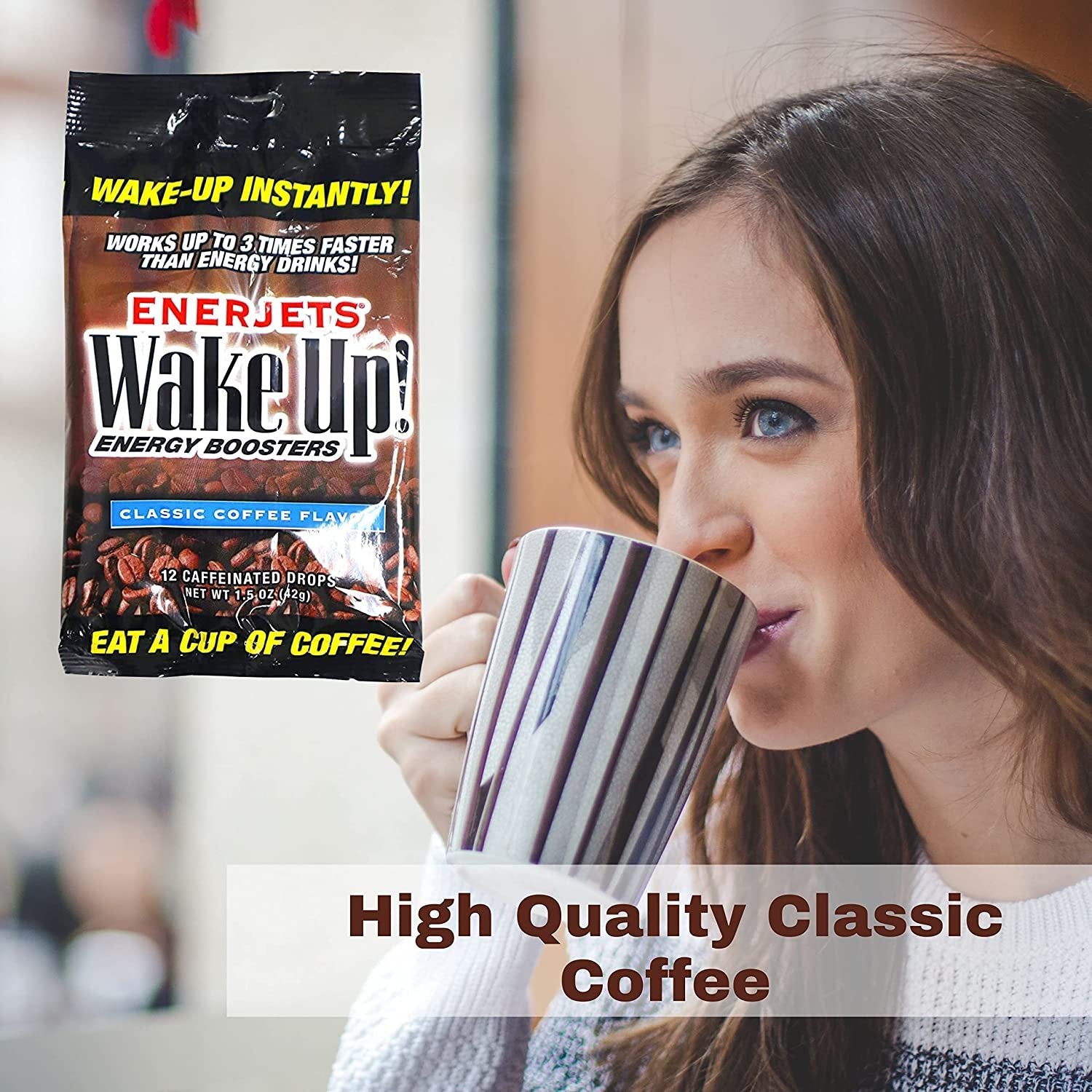 Enerjets Wake Up Energy Booster Caffeinated Drops, 1.5 oz - Classic Coffee Candy Flavor - 3 Packs (12 Drops Per Pack) with Keychain