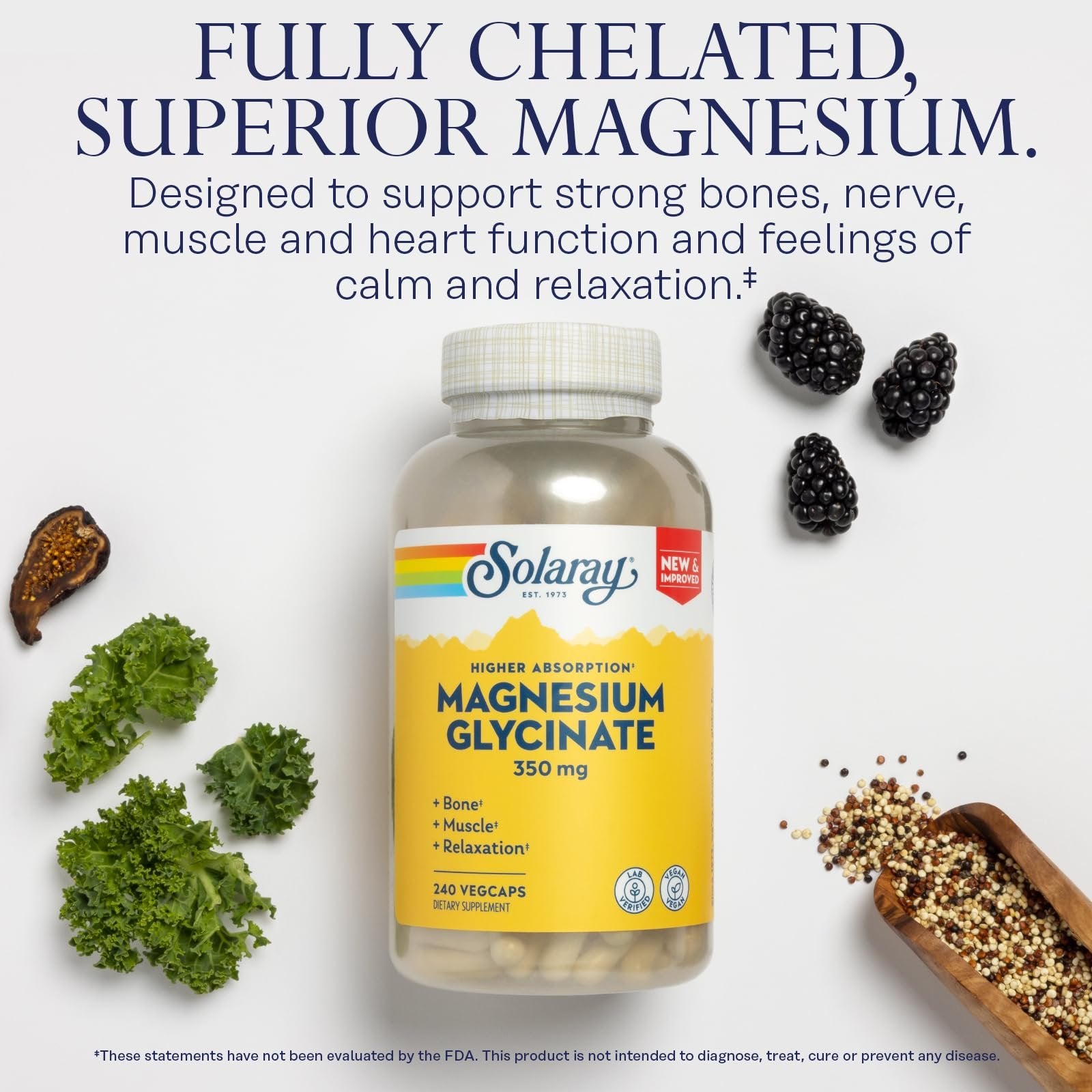 Solaray Magnesium Glycinate, New & Improved Fully Chelated Bisglycinate with BioPerine, High Absorption Formula, Stress, Bones, Muscle & Relaxation Support, 60 Day Guarantee, 60 Servings, 240 VegCaps