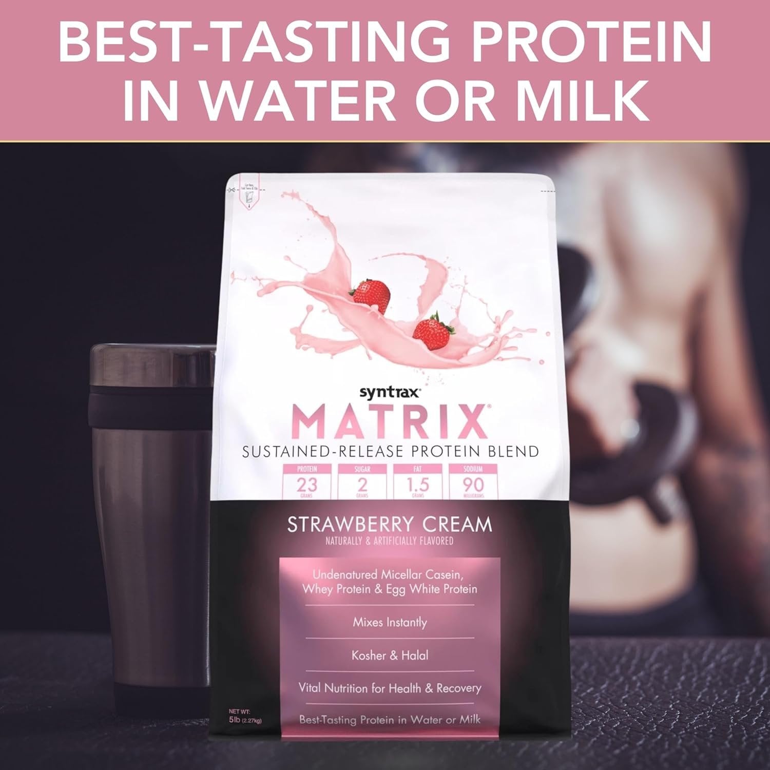 Syntrax Matrix - Sustained-Release Protein Powder Blend - Kosher & Halal - Muscle Support - Strawberry Cream - 5 lb - with  Multi-Purpose Keychain