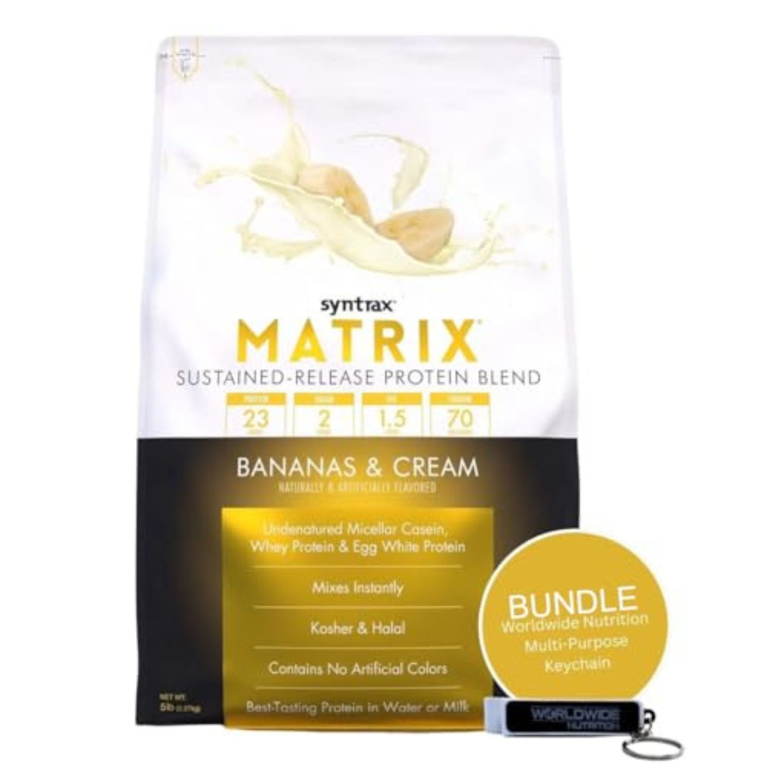 Syntrax Matrix Sustained-Release Protein Powder Blend - Kosher & Halal - Muscle Support - Banana and Cream - 5 lb -  with Multipurpose Keychain