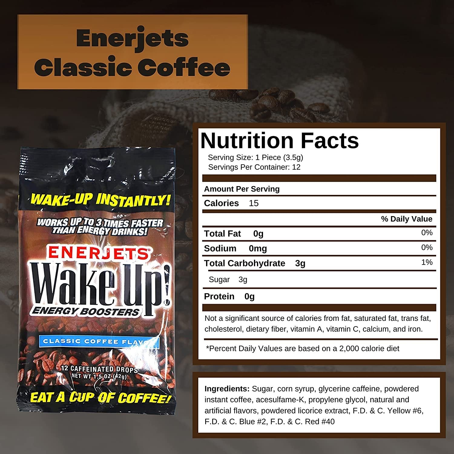 Enerjets Wake Up Energy Booster Caffeinated Drops, 1.5 oz - Classic Coffee Candy Flavor - 3 Packs (12 Drops Per Pack) with Keychain