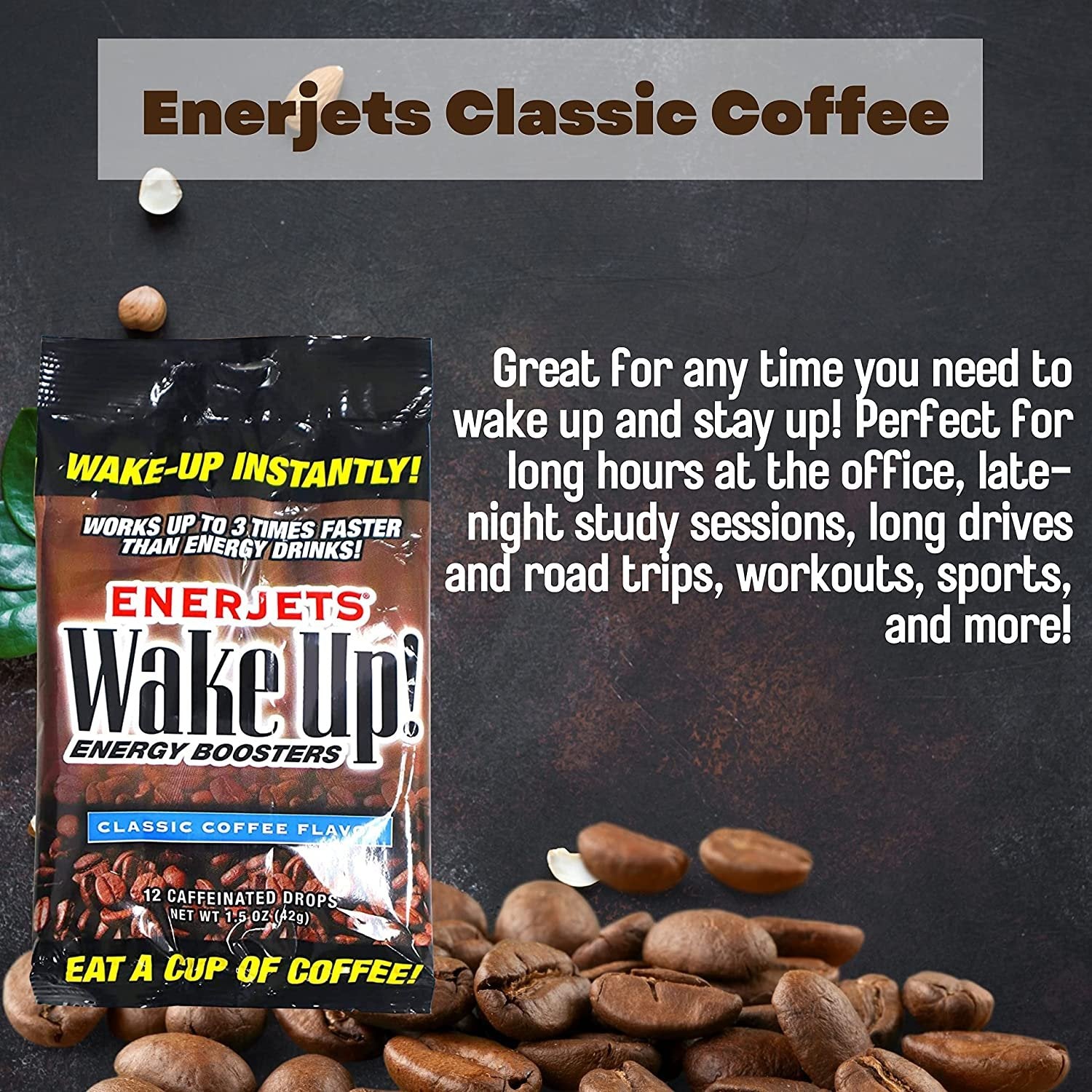 Enerjets Wake Up Energy Booster Caffeinated Drops, 1.5 oz - Classic Coffee Candy Flavor - 3 Packs (12 Drops Per Pack) with Keychain