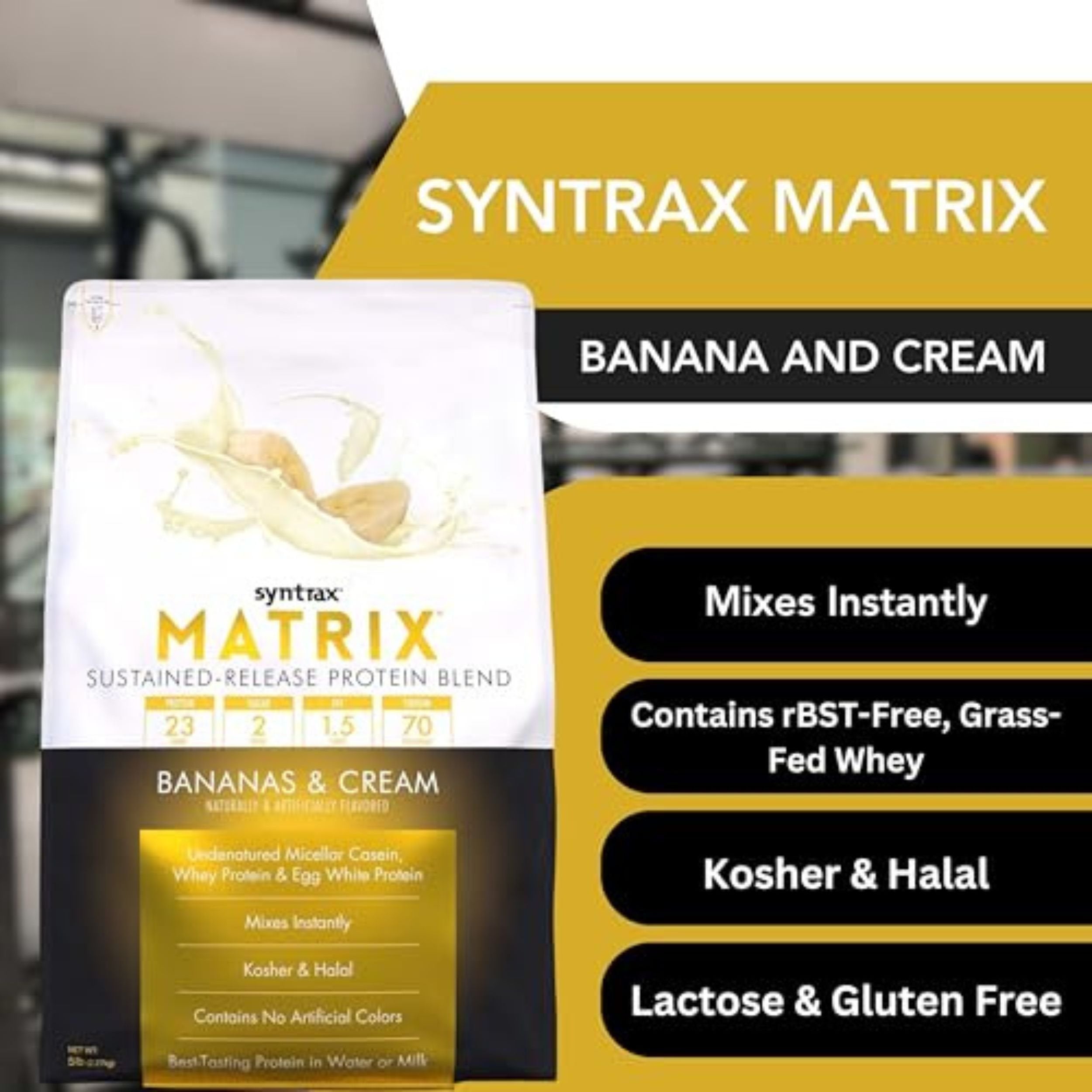 Syntrax Matrix Sustained-Release Protein Powder Blend - Kosher & Halal - Muscle Support - Banana and Cream - 5 lb -  with Multipurpose Keychain