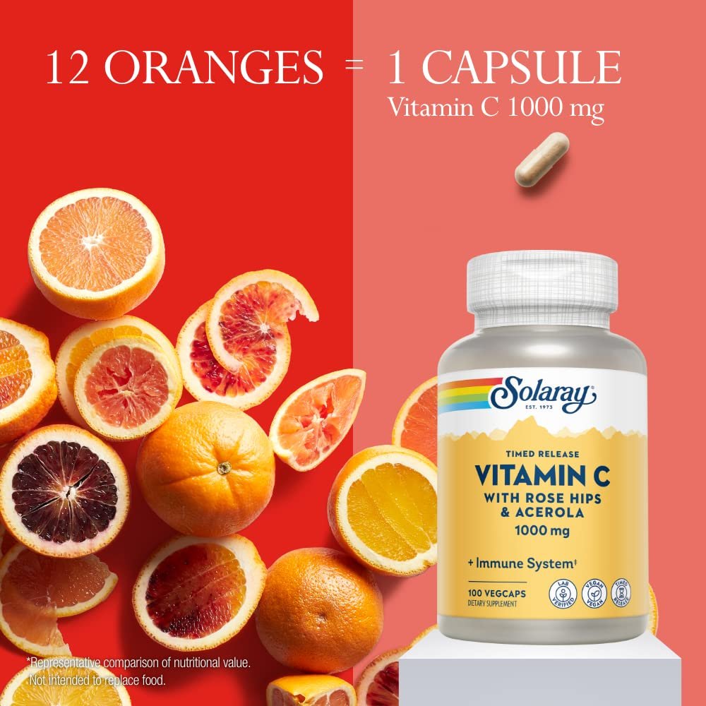 SOLARAY Vitamin C 1000mg - Time Release Vitamin C Capsules w/Rose Hips and Acerola for Bioflavonoid Support - Two-Stage, All-Day Immune Support - Vegan, 60 Day Guarantee, 100 Servings, 100 VegCaps