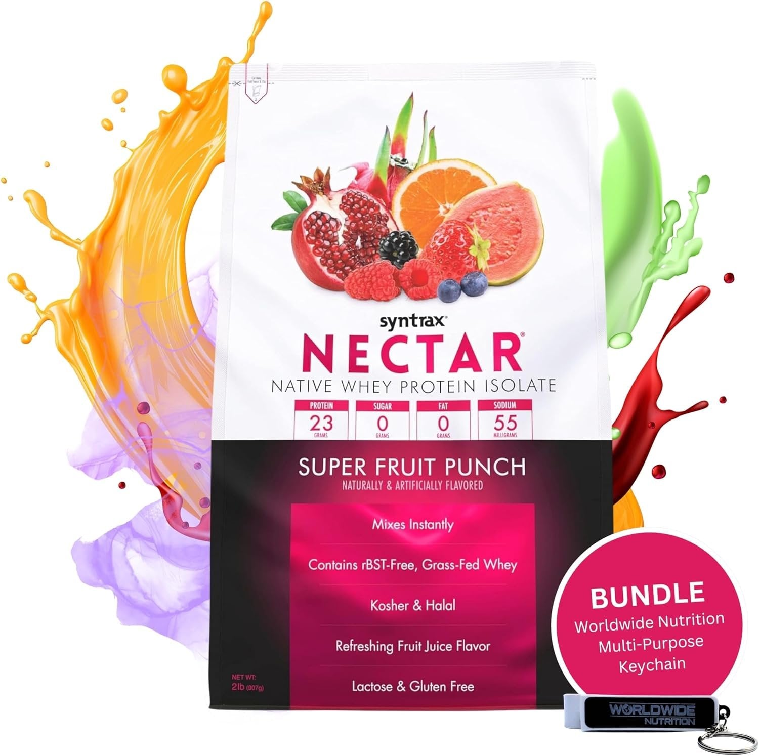 Syntrax Nectar Native Whey Protein Isolate (2lb Bag) - Muscle Support - with Multi-Purpose Keychain