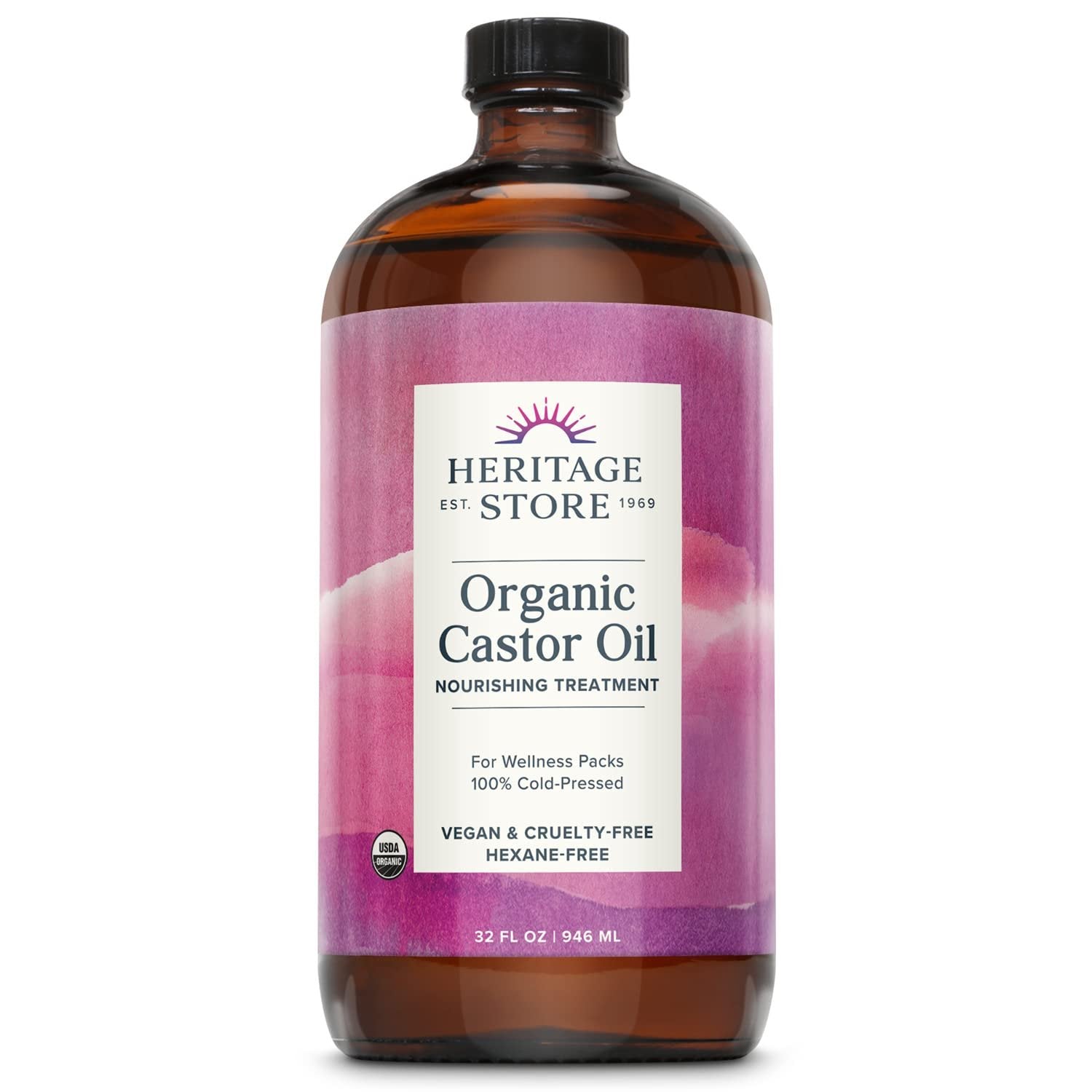 HERITAGE STORE Organic Castor Oil, Nourishing Hair Treatment, Deep Hydration for Healthy Hair/Skin Care, Eyelashes & Brows, Castor Oil Packs, Cold Pressed, Hexane Free, Vegan, Cruelty Free - 1 Pack of 32oz