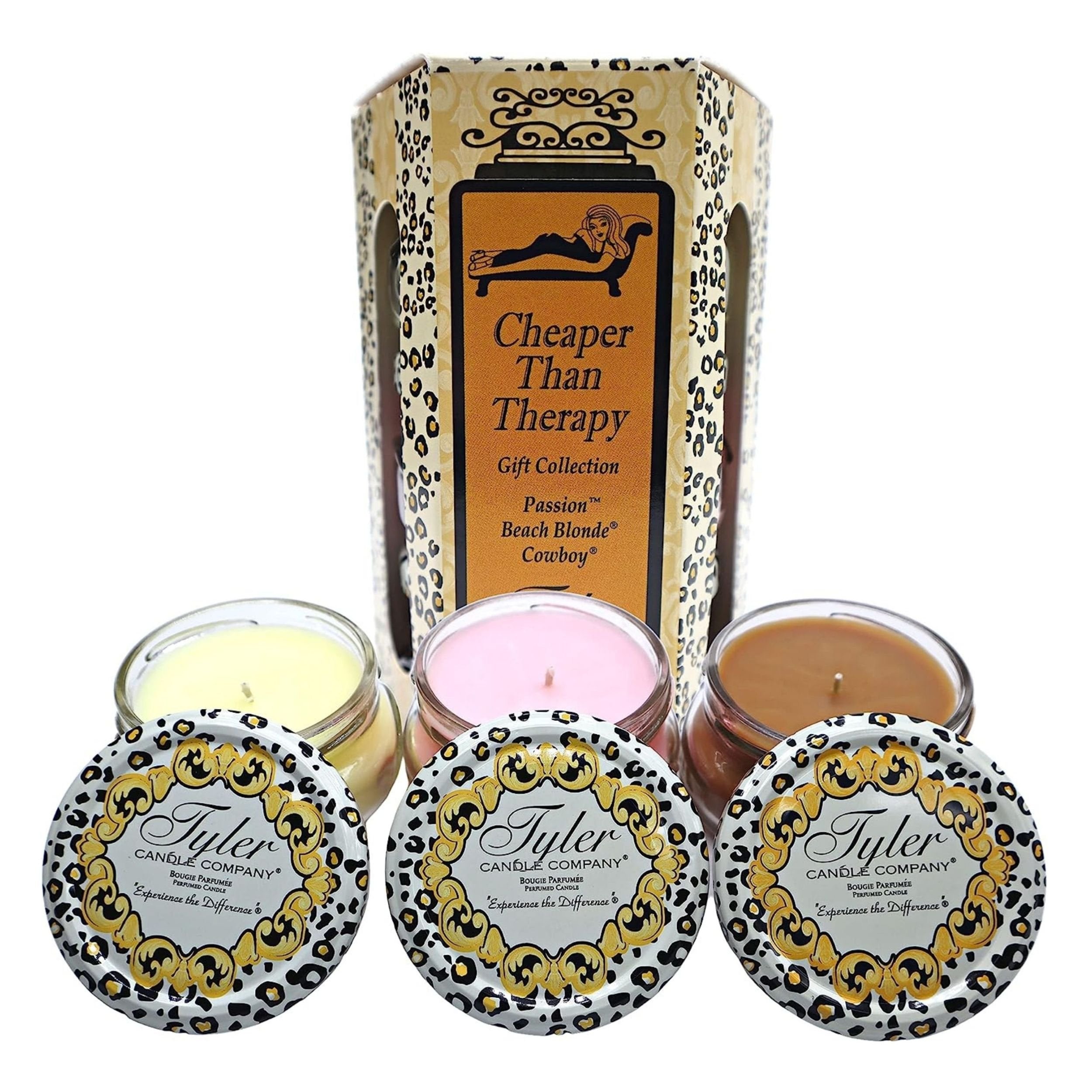 Tyler Candle Company, Cheaper Than Therapy Gift Collection, Scented Candles Gifts for Women, 3 Luxurious Candles with Essential Oils, 3.4 oz Each with Bonus Multi-Purpose Worldwide Nutrition Key Chain