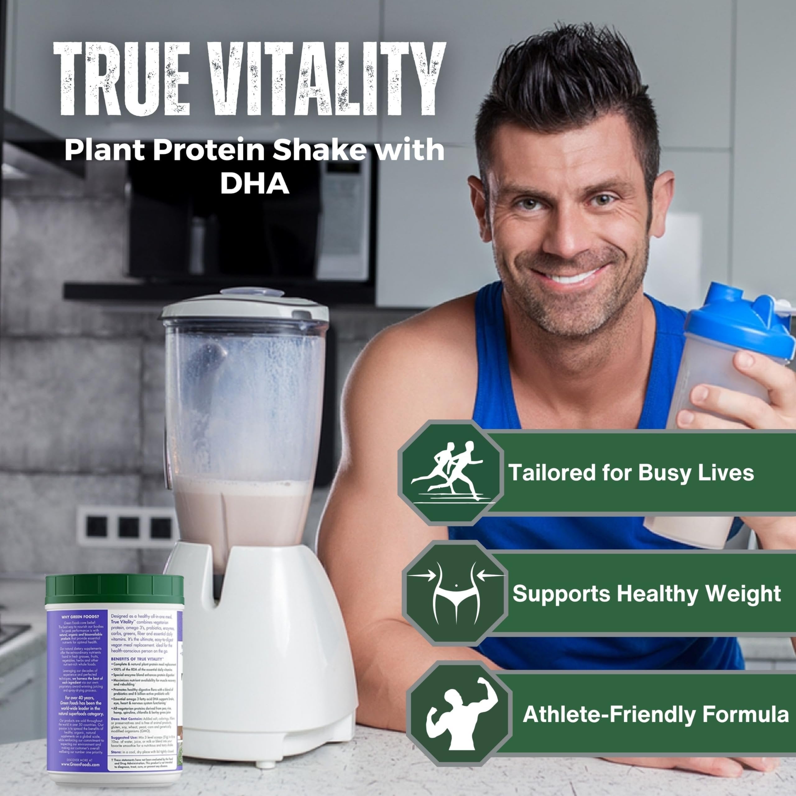 Green Foods True Vitality Plant Protein Shake with DHA Chocolate- 25.2 oz Protein Powder Gluten Free Breakfast Shake Powder and Multi-Purpose Key Chain