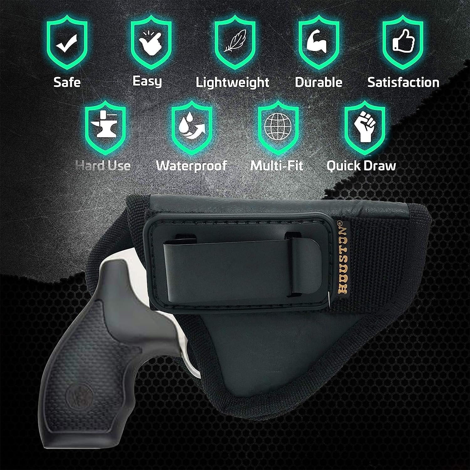 IWB TUCKABLE Revolver Holster by Houston - ECO Leather Concealed Carry Soft Material | Suede Interior for Protection | Fits Any 38 J Frames, S&W, Charter Arms, Rossi 38, Taurus,BG,LCR (Right) Black