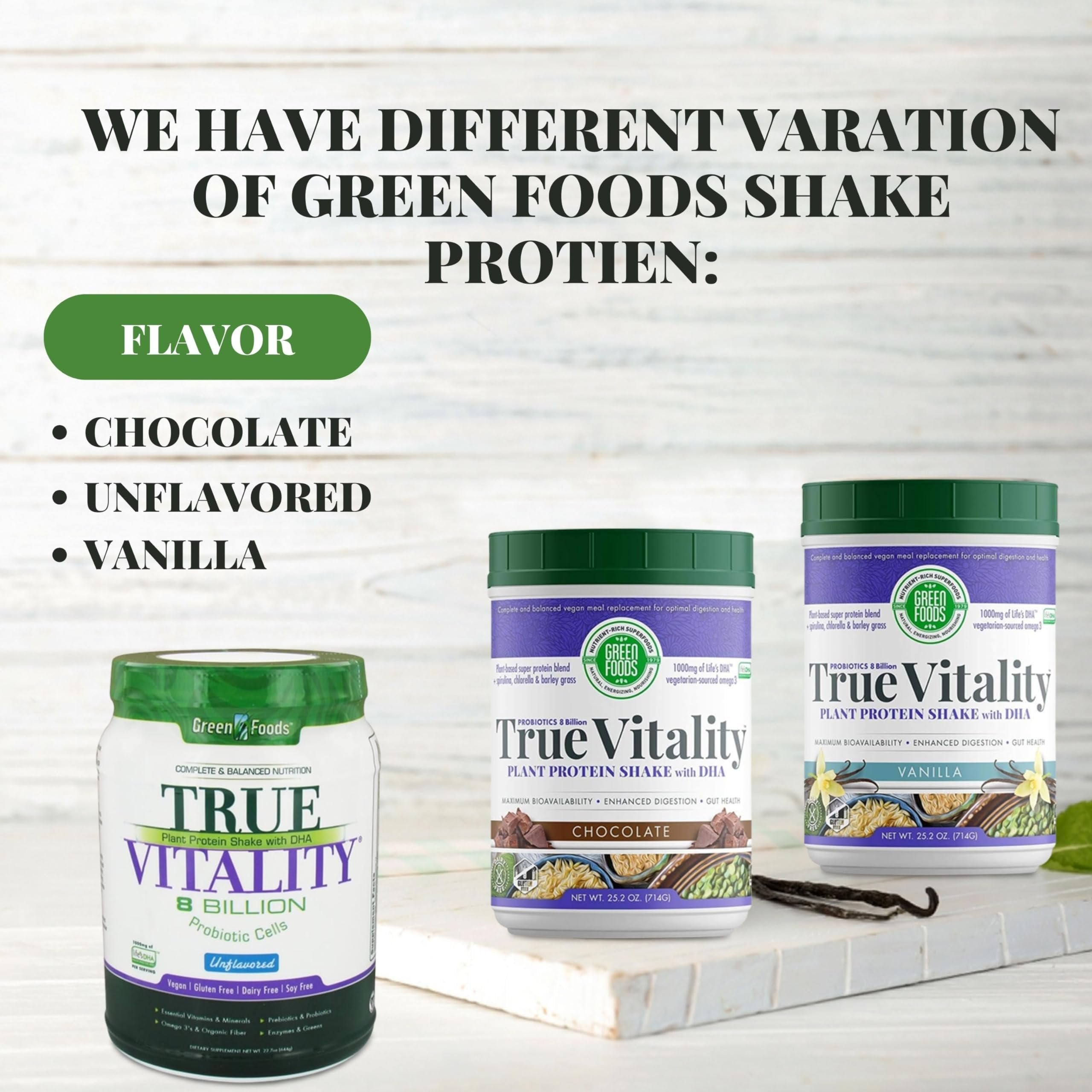 Green Foods True Vitality Plant Protein Shake with DHA Chocolate- 25.2 oz Protein Powder Gluten Free Breakfast Shake Powder and Multi-Purpose Key Chain